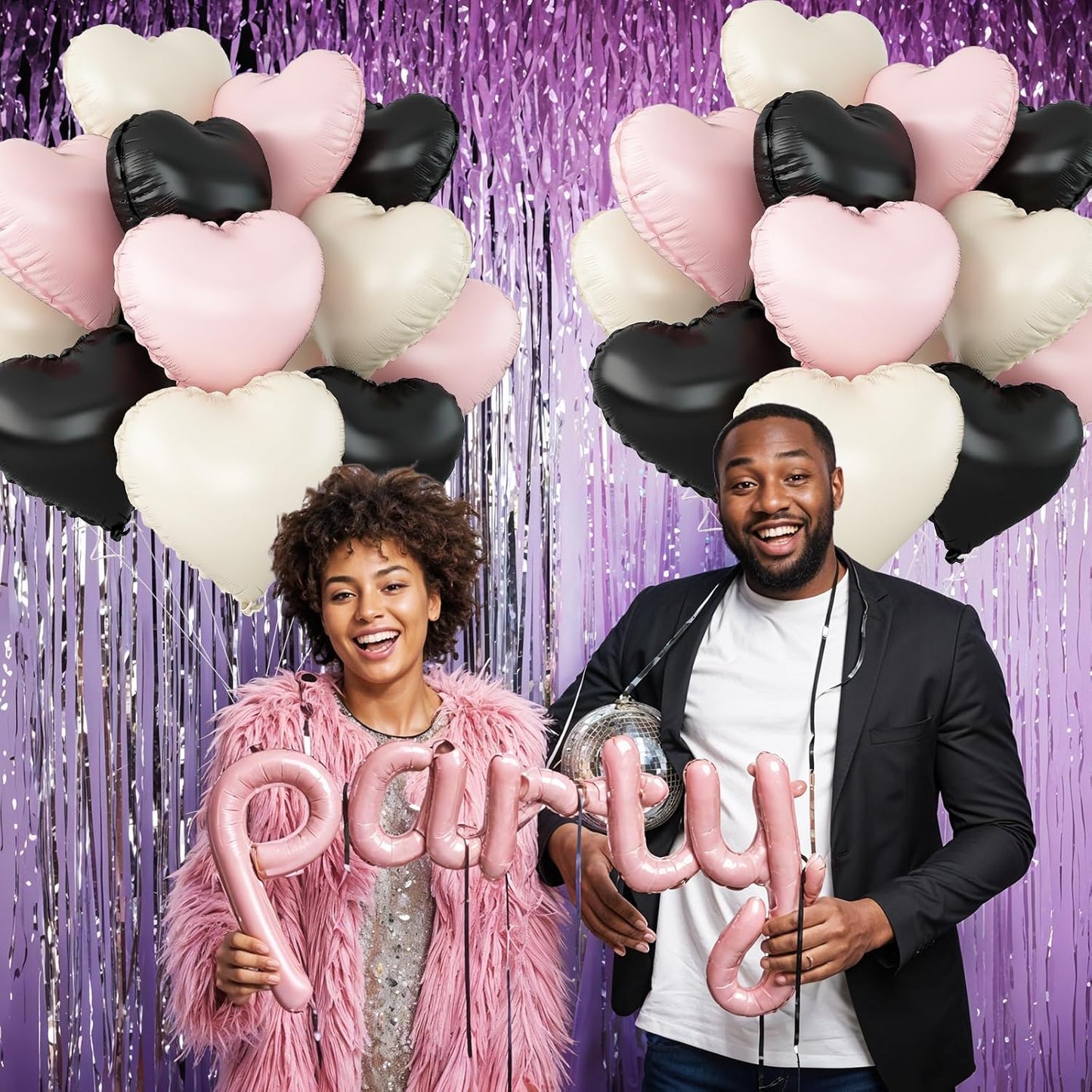 Black Pink White Heart Balloons,12Pcs 18Inch Black Cream White Baby Pink Heart Shaped Foil Helium Polyester Film Balloons for Baby Shower Birthday Anniversary Wedding Engagement Party Decorations