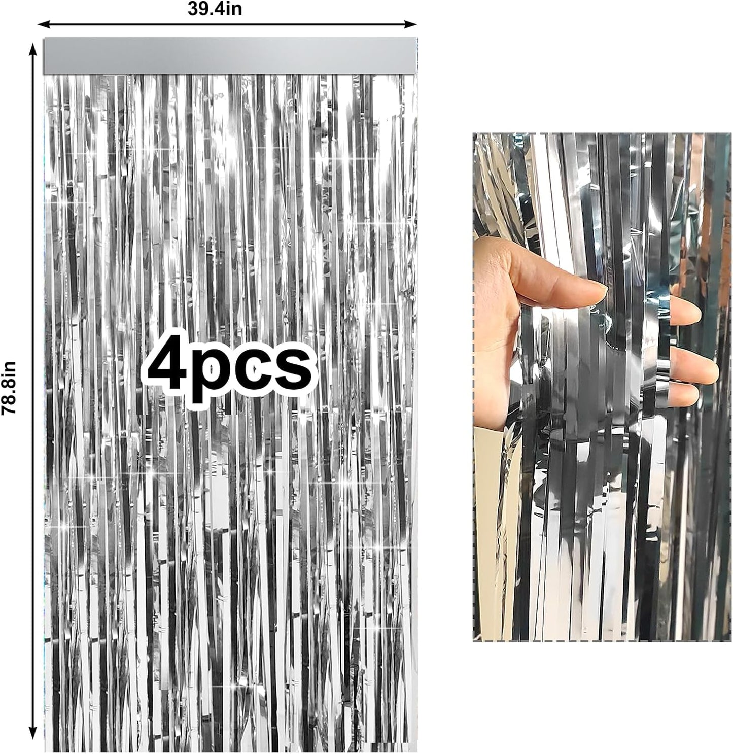4 Packs Silver Foil Fringe Curtain, Silver Metallic Tinsel Backdrop for Birthday, Wedding, Baby Shower, Engagement, Bachelorette Party, Christmas Holiday Celebration Party Decorations Supplies
