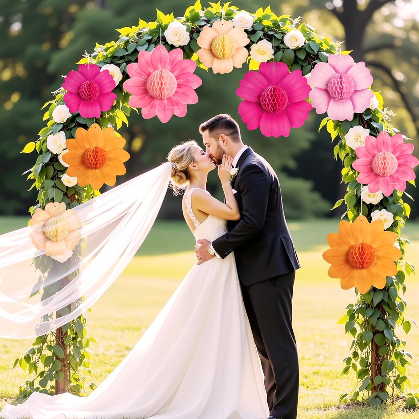 SUNBEAUTY 9 PCS Hot Pink and Orange Party Decorations Fall Large Hanging Paper Flowers Honeycomb Tissue Fiesta Sunset Autumn Decor for Birthday Thanksgiving Wedding Bridal Baby Shower Backdrop Wall