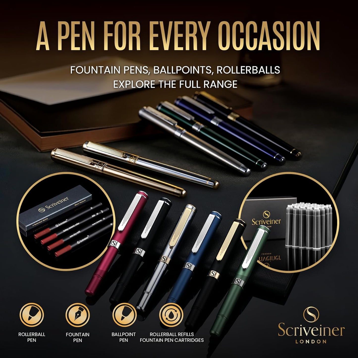 Scriveiner Black Lacquer Fountain Pen - Stunning Luxury Pen, Real Gold Finish, Schmidt Gilded Nib (Broad), Best Pen Gift Set for Men & Women, Professional, Executive, Office, Nice Pens