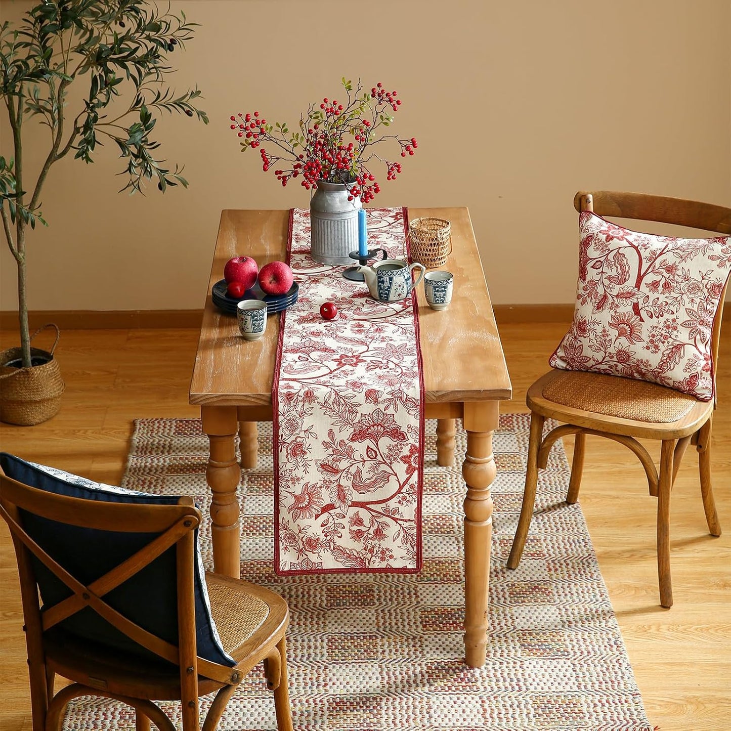 ISAENNE Designer Chinoiserie Elegant Linen Table Runner 87 Inches Long,Red Floral Pattern Decor Table Runners for Thanksgiving,Dining Room,Banquet,Kitchen Tables,Christmas,12"*87"-Ruyi A