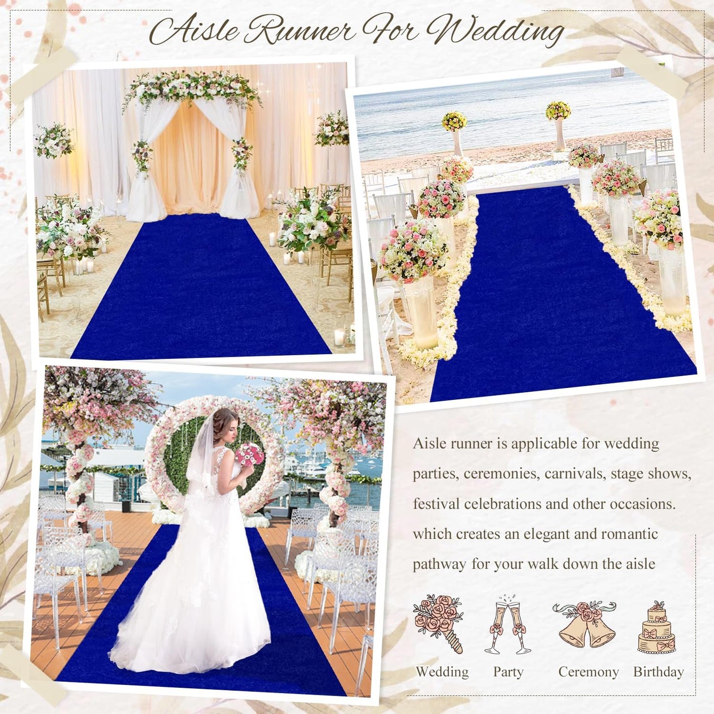 MODFUNS 4FTx15FT Aisle Runner for Wedding Ceremony Royal Blue Velvet Fabric Aisle Runner Include Carpet Tapes Wedding Aisle Floor Runners Blue Runway Rug for Wedding Party Beach Indoor and Outdoor