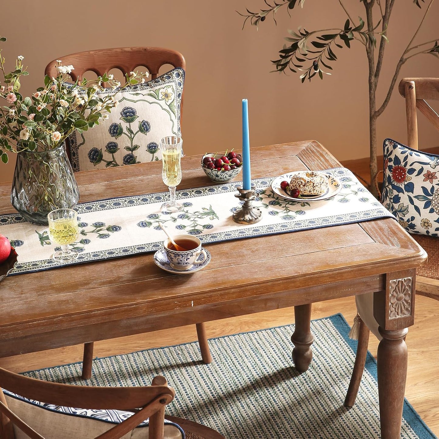 patdrea Designer Blue Rustic Elegant Floral Patterned Linen Table Runner 71 Inch Long,Wrinkle Resistant Table Mat,Decoration for Kitchen Dining and Coffee Tables Banquet Christmas , 12"x71"