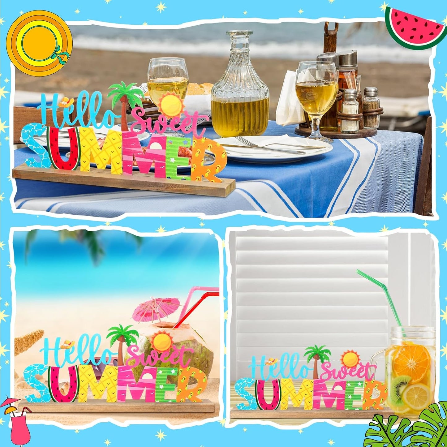 Hello Sweet Summer Metal Sign Rustic Table Decor Holiday Tiered Tray Decor with Wooden Base Freestanding Metal Word Sign for Home Tabletop Centerpiece Mantel Shelf Fireplace