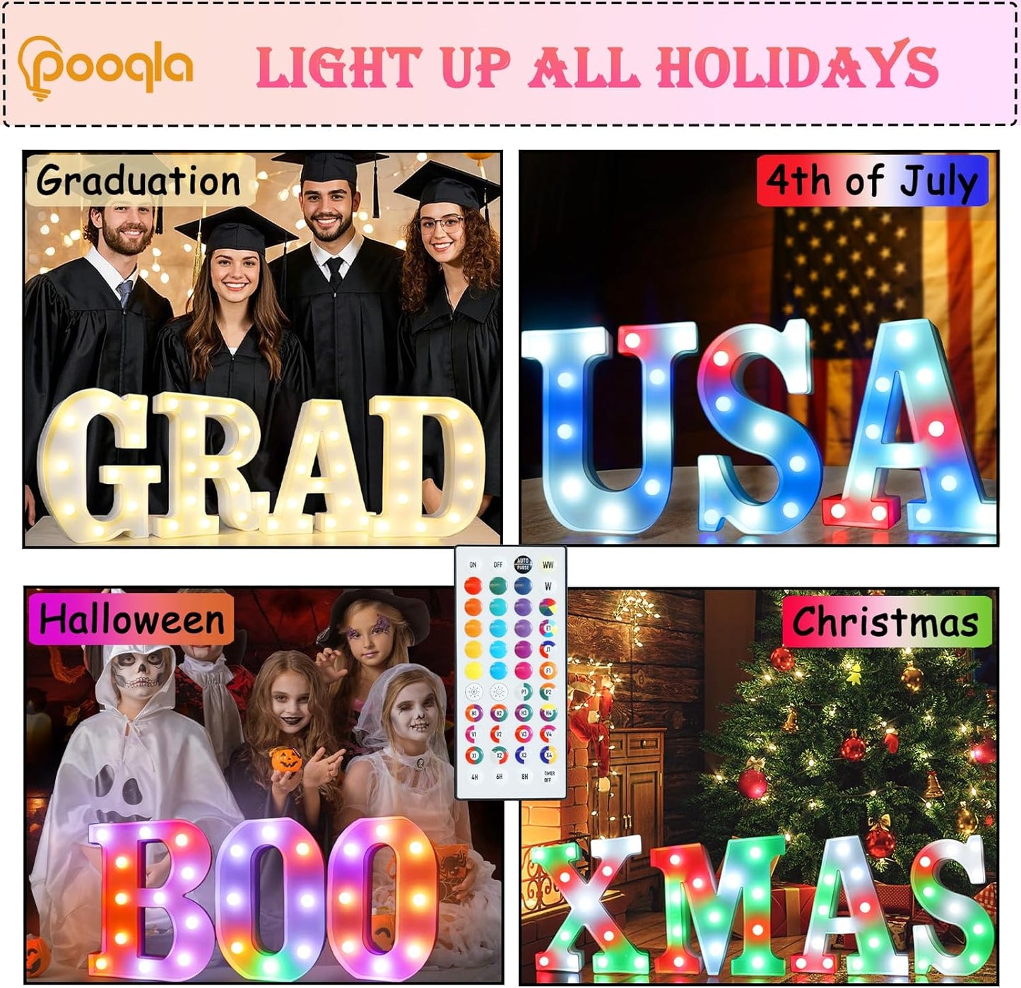 Pooqla Colorful Light Up Letters with Remote, Upgraded 35 Colors LED Marquee Letters, RGB Lighted Letter for Girls Teenager Gift, Birthday, Party, Wedding, Night Light, Room, Bedroom Decor, Letter &