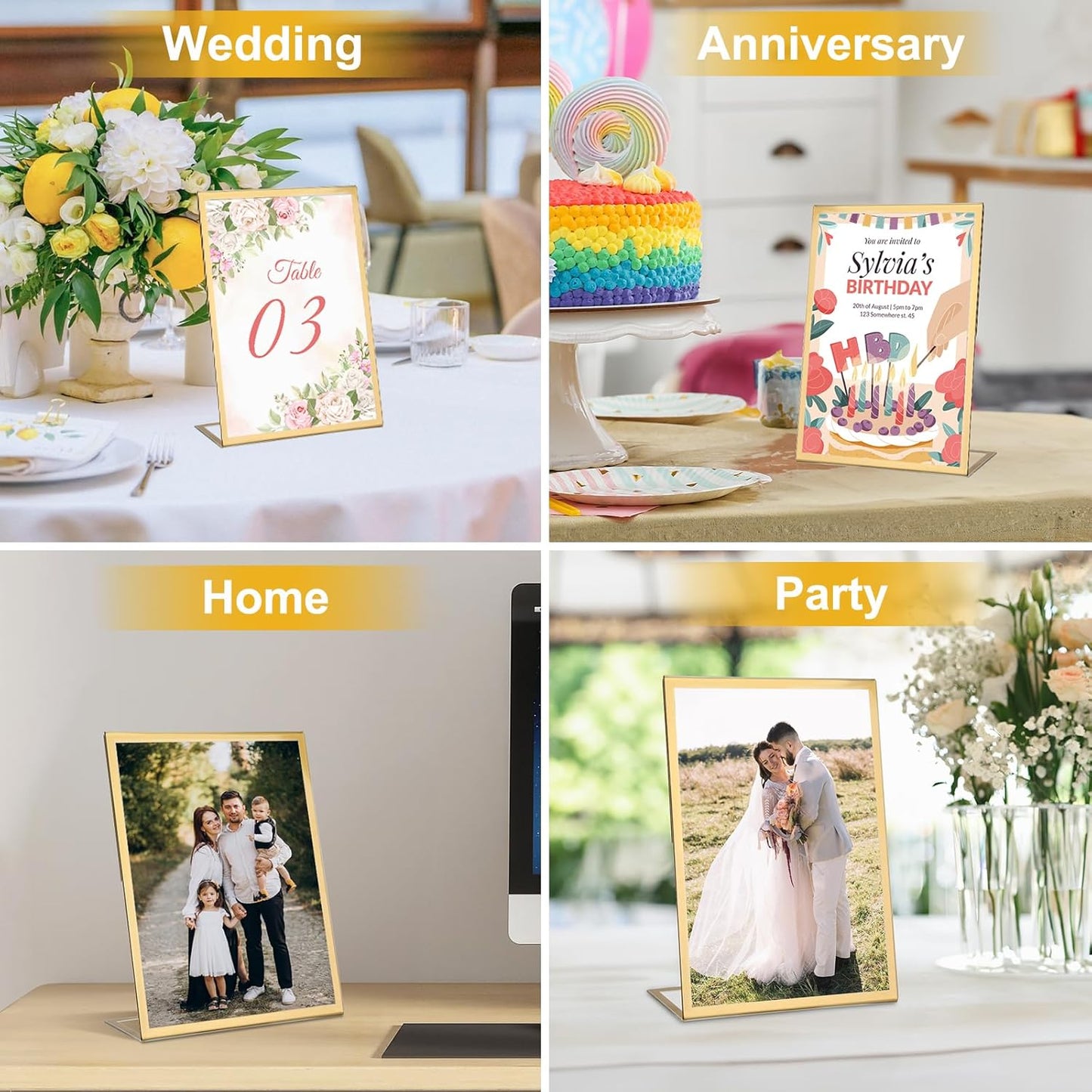 EHWINE 12 Pack 5 x 7 Acrylic Sign Holder, Clear Plastic Signs Display Stand, Gold Slanted Back Paper Holder Stand up Table Top Sign Holders Flyer Stand Frames Suitable for Office Business Store