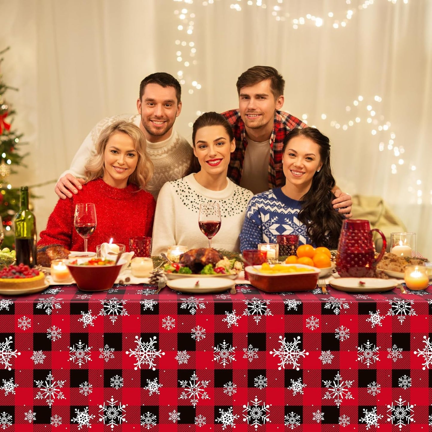 8 Pieces Red and Black Buffalo Plaid Merry Christmas Party Tablecloth Decorations,Plastic White Snowflake Buffalo Plaid Sign Table Cover for Winter Christmas Holiday Party Supplies,54x108 inch