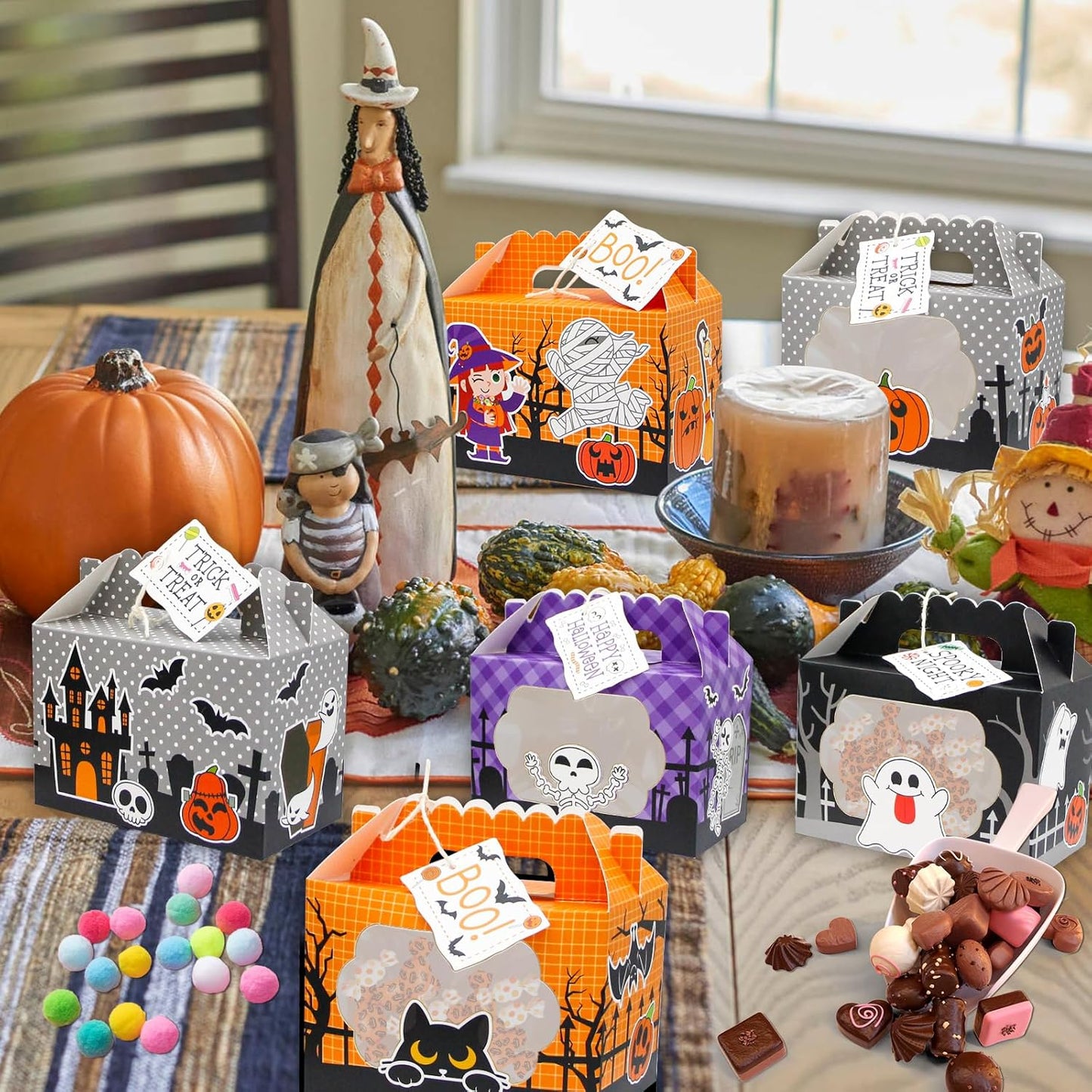 24 Pack Halloween Treat Boxes, Trick or Treat Candy Boxes with Window Halloween Party Favors Gift Goodie Boxes Supplies for Cookie Biscuit Donuts Dessert Cupcake Pie