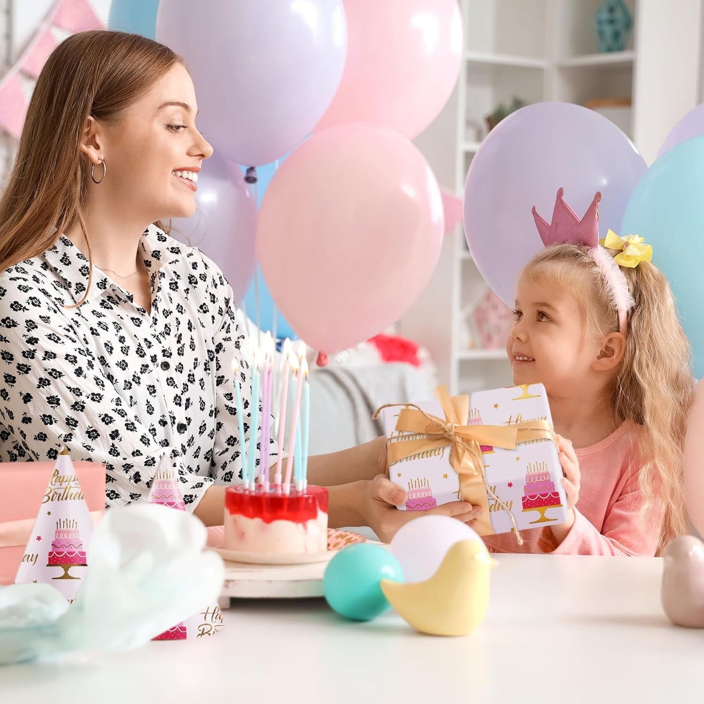 Aimyoo Pink Birthday Wrapping Paper Roll - 17 Inch X 16.4 Feet - Gold Foil Celebration Cake, Happy Birthday Lettering Design Gift Wrap for Kids, Baby Showers