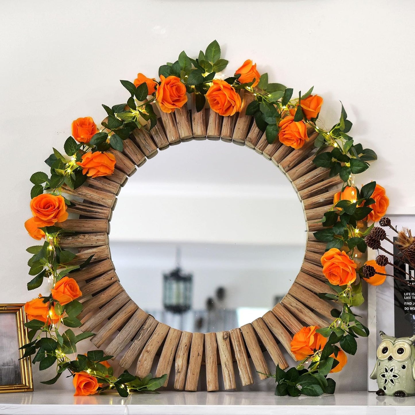 FiveSeasonStuff 29 Ft 4 Pack Mandarin Orange Rose Silk Flower Garland Artificial Flowers Decoration Hanging Floral with 66 feet String Lights