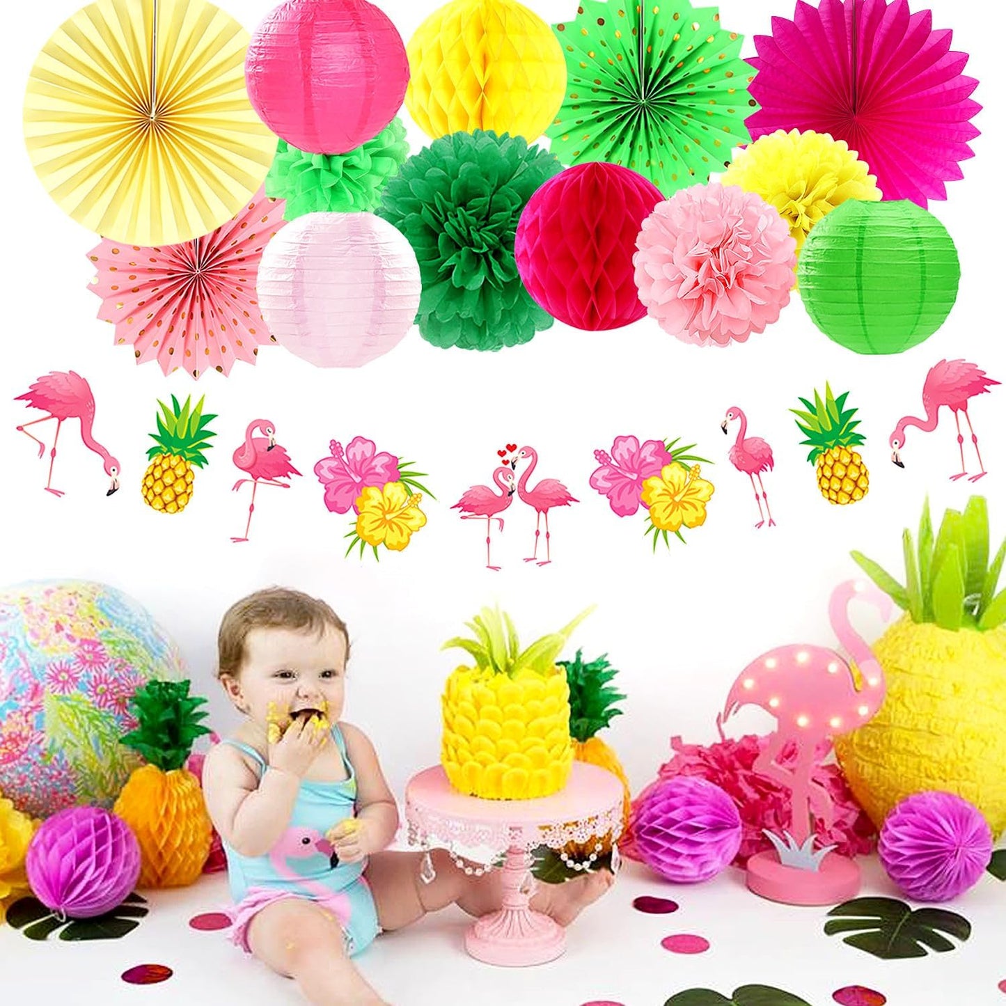 Hawaiian Luau Birthday Party-Decorations Supplies - 21pcs Happy Banner,Beach Paper Lanterns Honeycomb,Flamingo Pool Streamers Garland,Summer Tissue Pom Poms Flowers Fans,Tropical Tiki Decor Burgleda