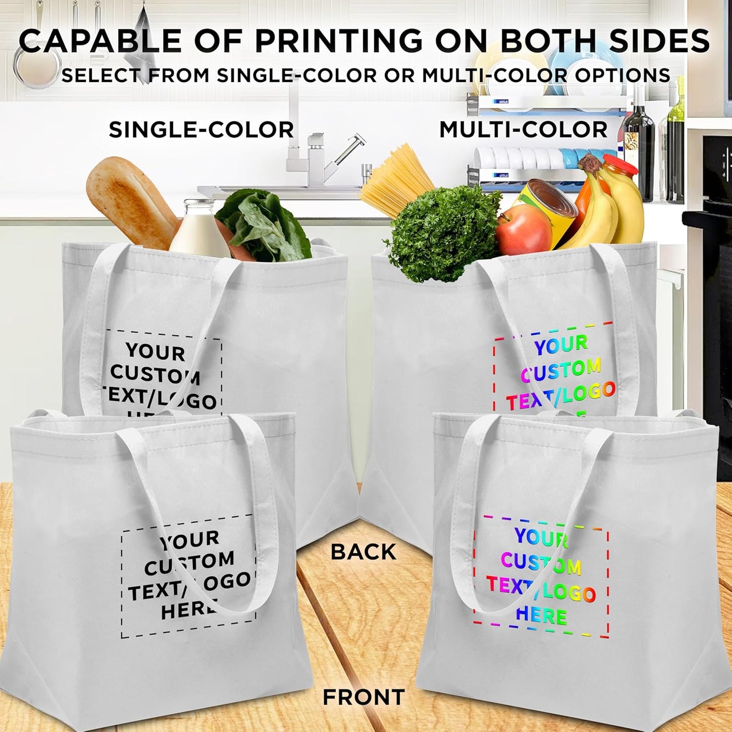 DISCOUNT PROMOS Custom Southern Style Grocery Tote Bags Set of 100 - Personalized Bulk Pack, Reusable Grocery & Shopping Bags - Great for Travel, Carry on Bag, Business Promotions - White - 20"X13"X8"