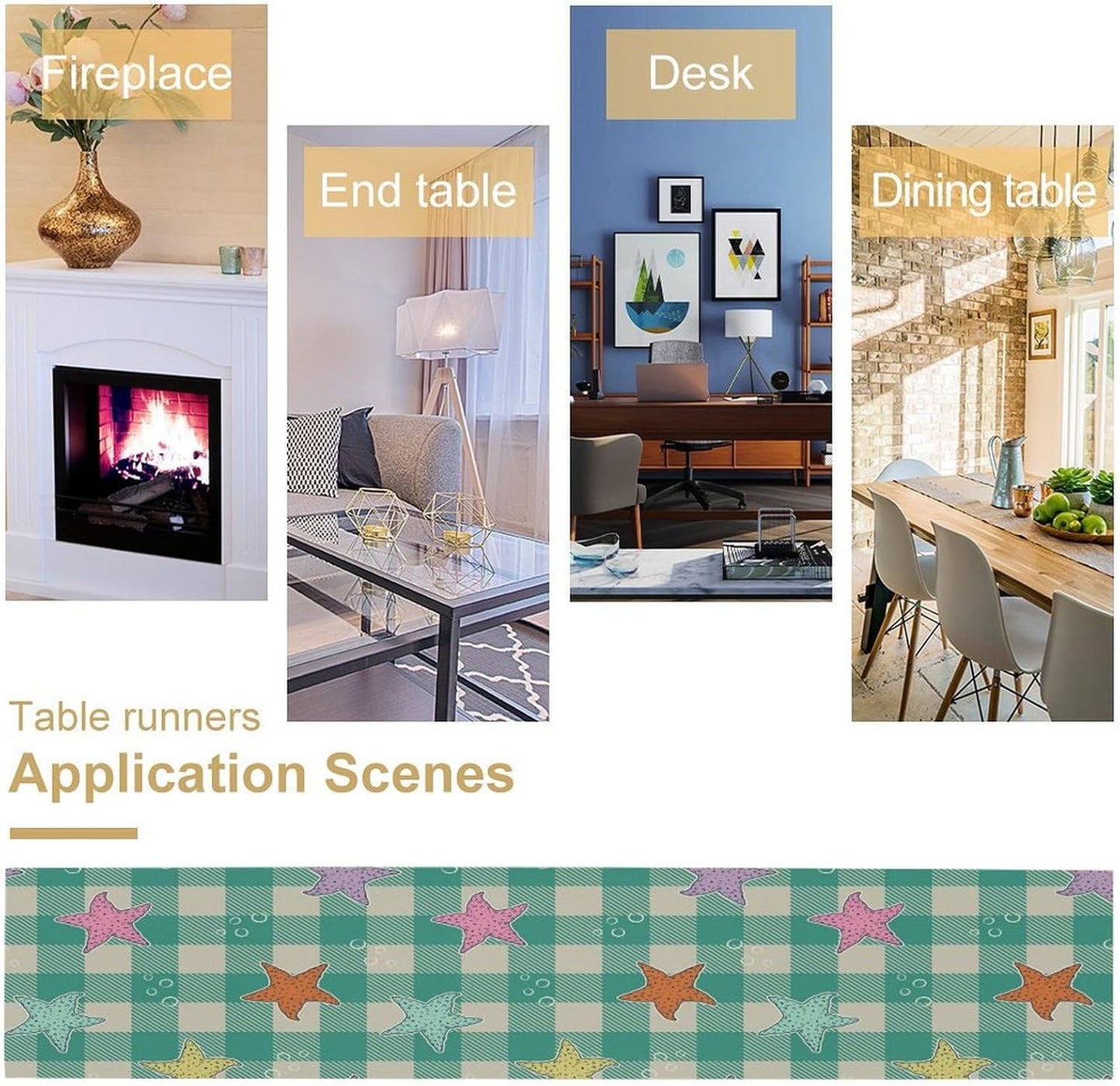 Starfish Plaid Table Flag Green Plaid and Marine Life Starfish Kitchen Table Flag Suitable for Birthday Party Restaurant Decoration Outdoor Picnic 13 * 70 Inch