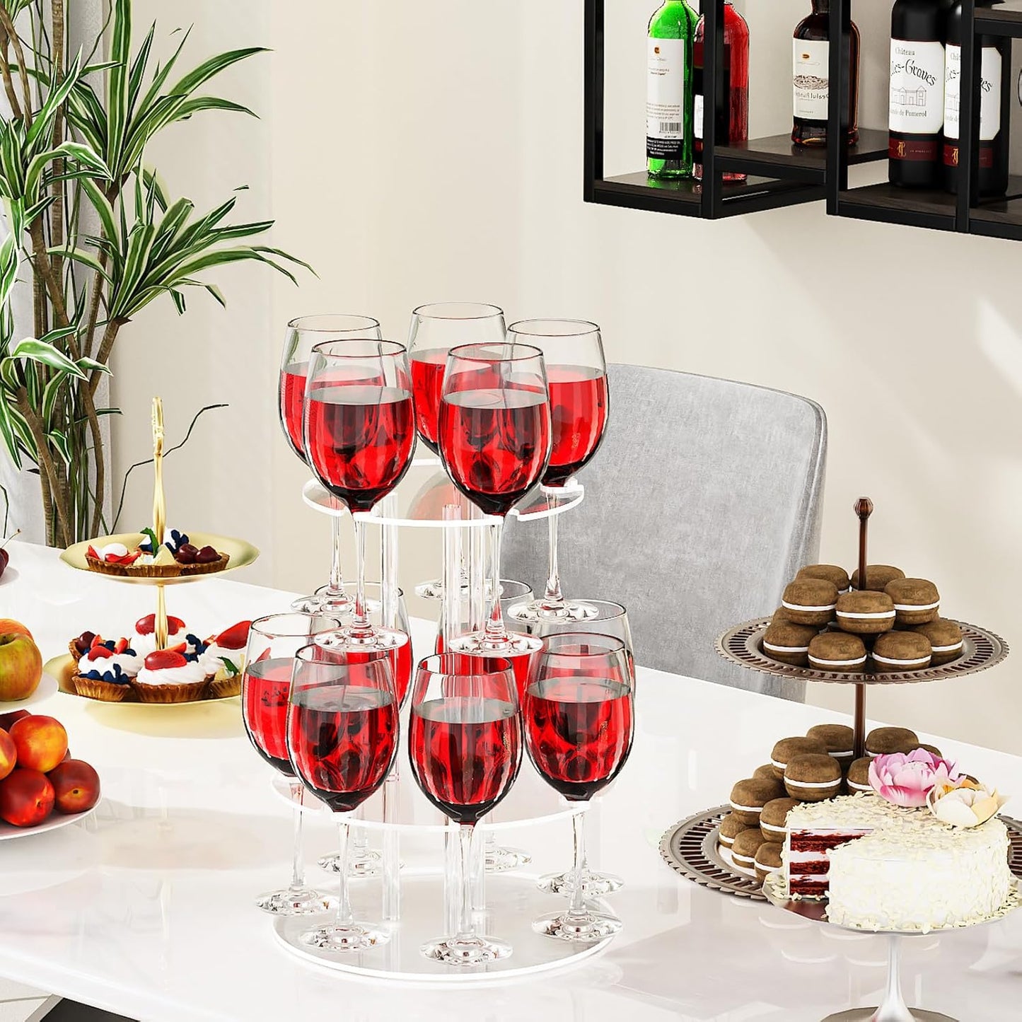 Champagne Tower, Circle Acrylic Champagne Display Rack Stand with 12 Slots, 2 Tiers Floating Sight Champagne Flute Holder for Party, Wedding, School, Celebration, 11.8x11.8x15.4 inch