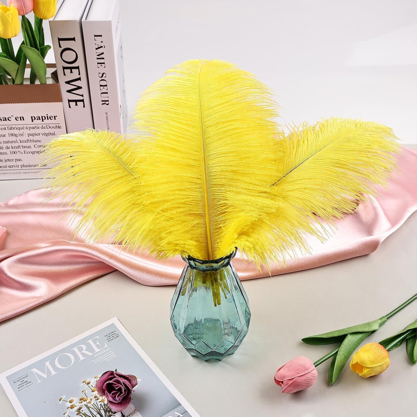 THARAHT Yellow Ostrich Feathers 24pcs Natural Bulk 8-10Inch 20cm-25cm for Crafts Wedding Party Centerpieces Halloween and Home Decoration Feathers