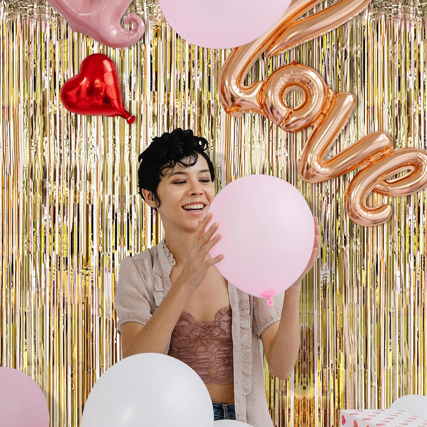 5 Pack Champagne Gold Fringe Curtains (3.2ft x 8.2ft) for Birthday, Wedding, Christmas Decoration