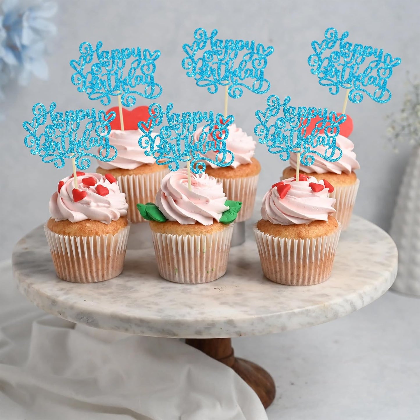 Gyufise 24Pcs Happy Birthday Cupcake Toppers Glitter Happy Birthday Cupcake Picks for Celebrating Happy Birthday Anniversary Theme Party Cake Decorations Supplies Blue