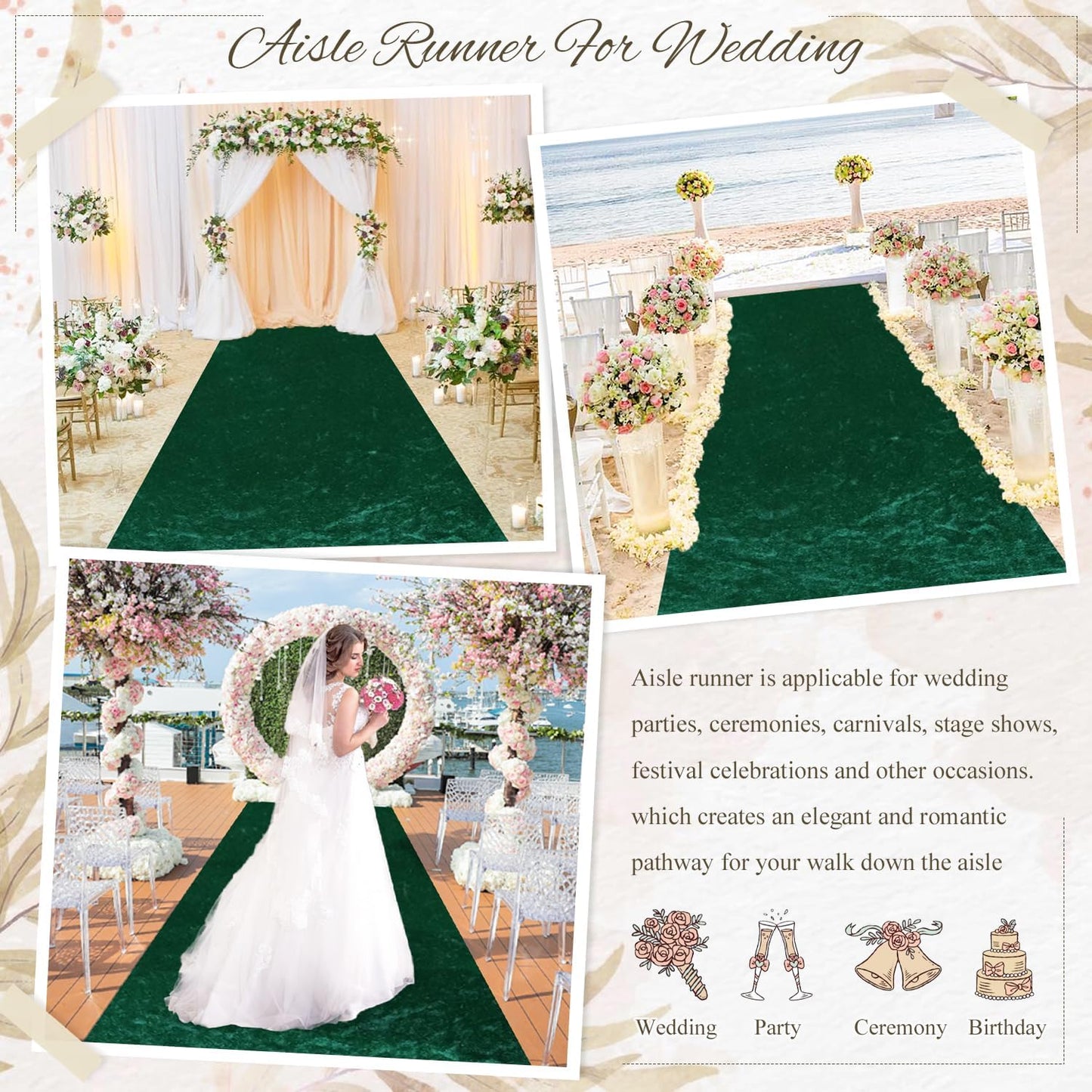 MODFUNS Emerald Green Aisle Runner for Wedding Ceremony 4FTx20FT Wedding Runner Aisle Indoor Velvet Carpet Runway Rug Modern Bridal Walkway Aisle Floor Runner for Weddding Banquet Graduation