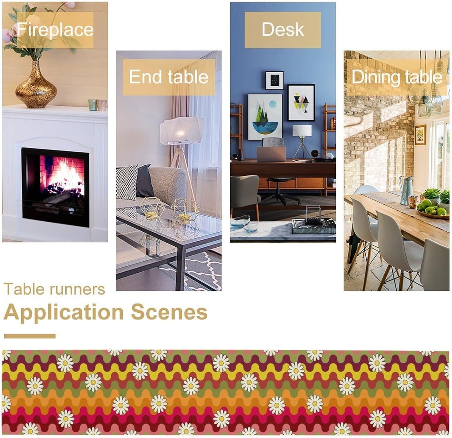 Vintage Floral Table Runner,60s 70s Colorful Retro Abstract Hippie Print Table Runner for Kitchen Dining Table Home Party Decoration 13x90 Inch