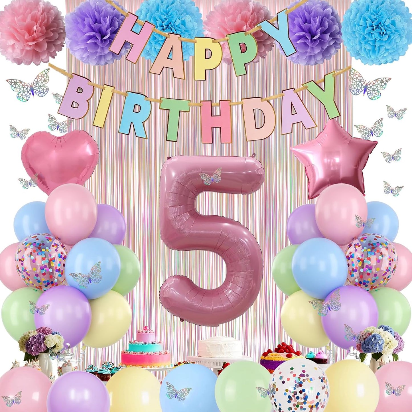 Pastel 5th Birthday Party Decorations for Girls Number 5 Balloon Happy Birthday Banner Butterfly Stickers Fringe Curtain Paper Pom Poms Macaron Pink Star Heart Foil Colorful Balloons 5 Year Old Decor