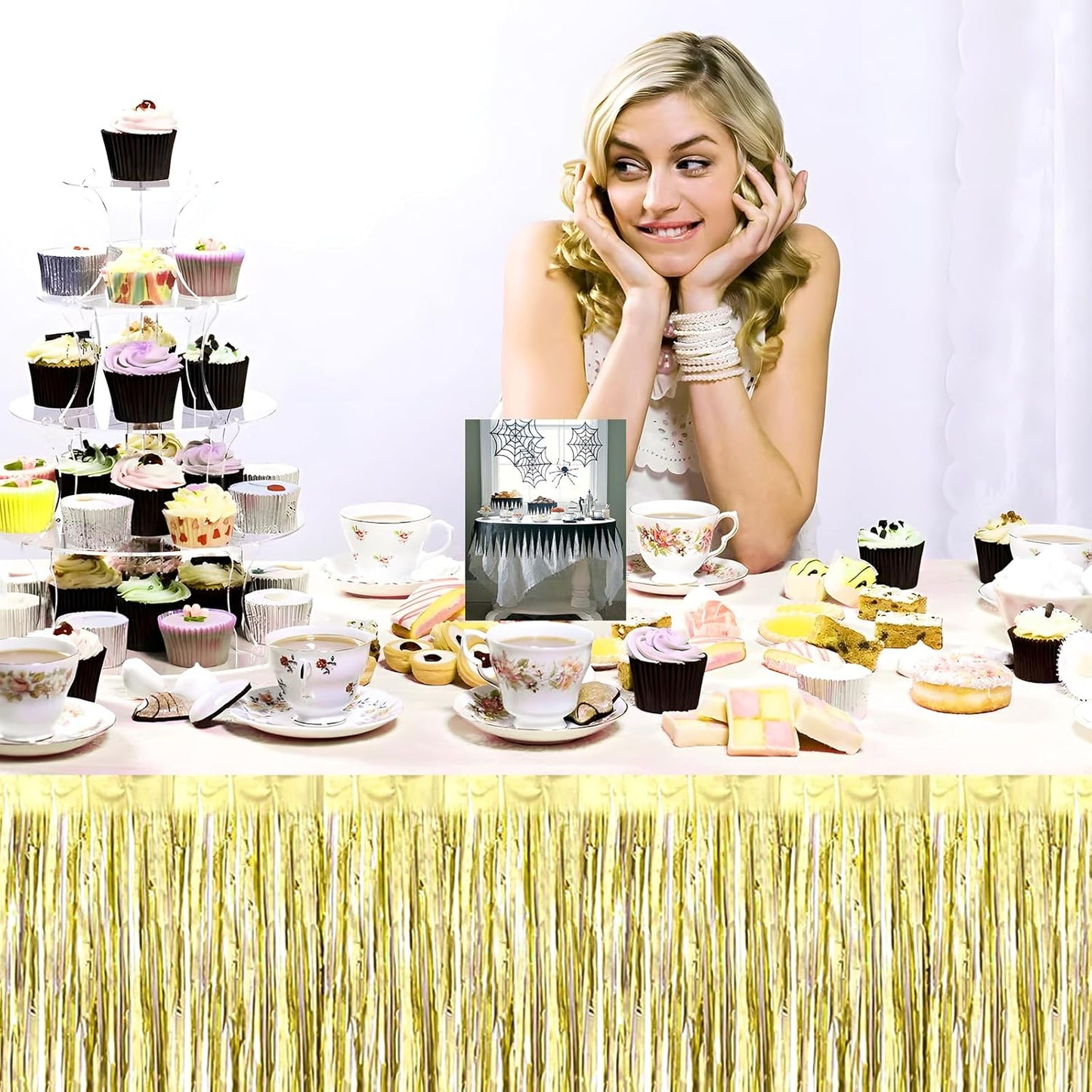 3 Pack 29x108 Inch Light Gold Foil Fringe Table Skirts Metallic Banner for Tinsel Streamer Garland Backdrop for Parade Floats Wedding Thanksgiving Birthday Christmas Halloween Party Decoration