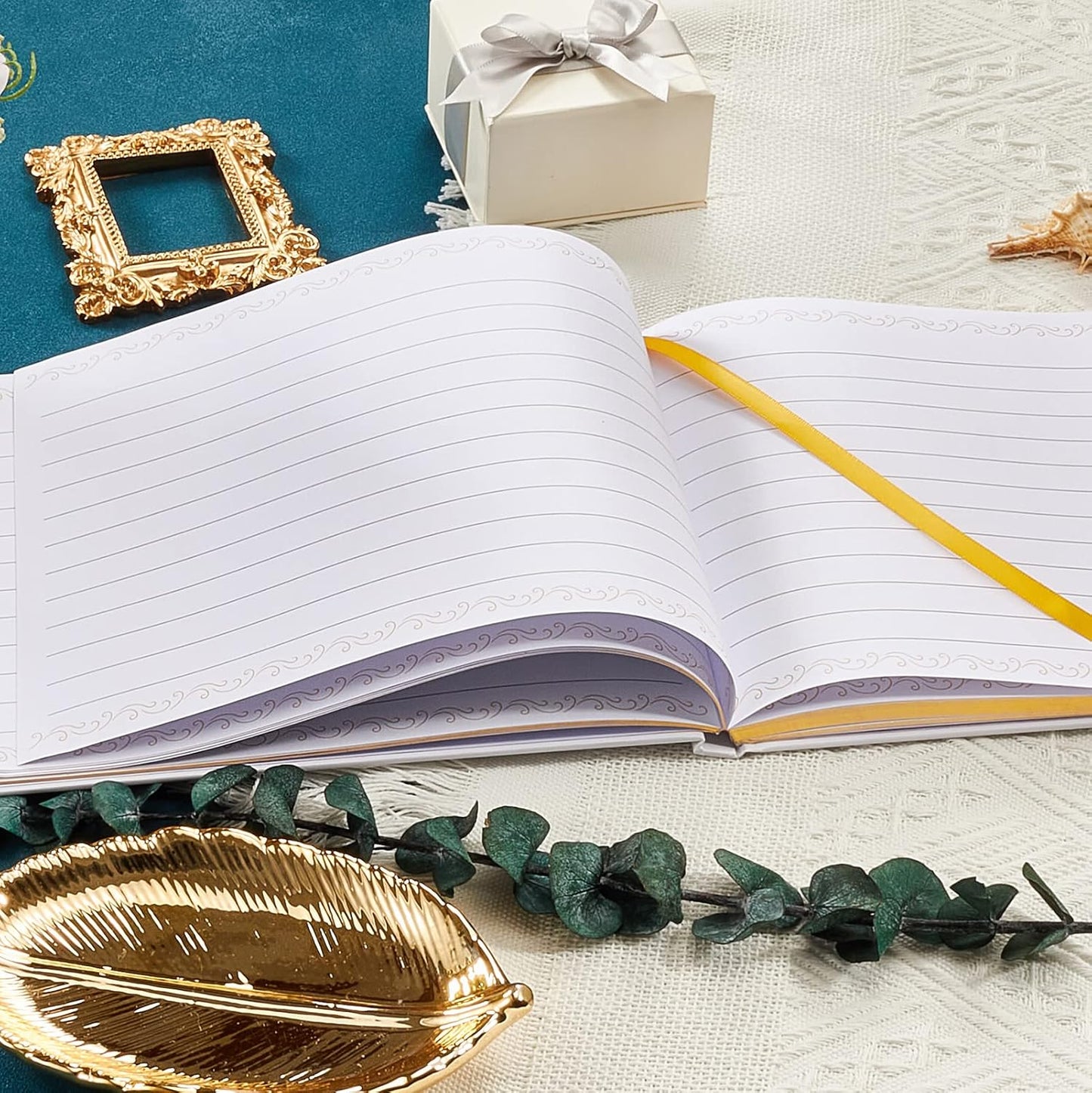 TRULIVA Wedding Guest Book with Pen - Sign in Book for Wedding Reception - Gold Foil - Hard Cover, 7" x 9" (Eucalyptus Gold Foil, Book and Pen)