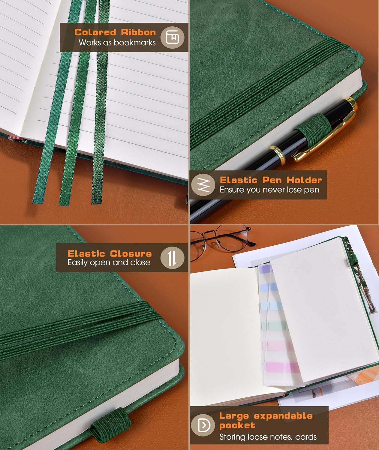 Lined Journal Notebook for Women Men, 256 Numbered Pages Hardcover Leather Journals for Writing, A5 Journaling Notebooks, College Ruled Journal for Business Work School 5.75" x 8.38" Green