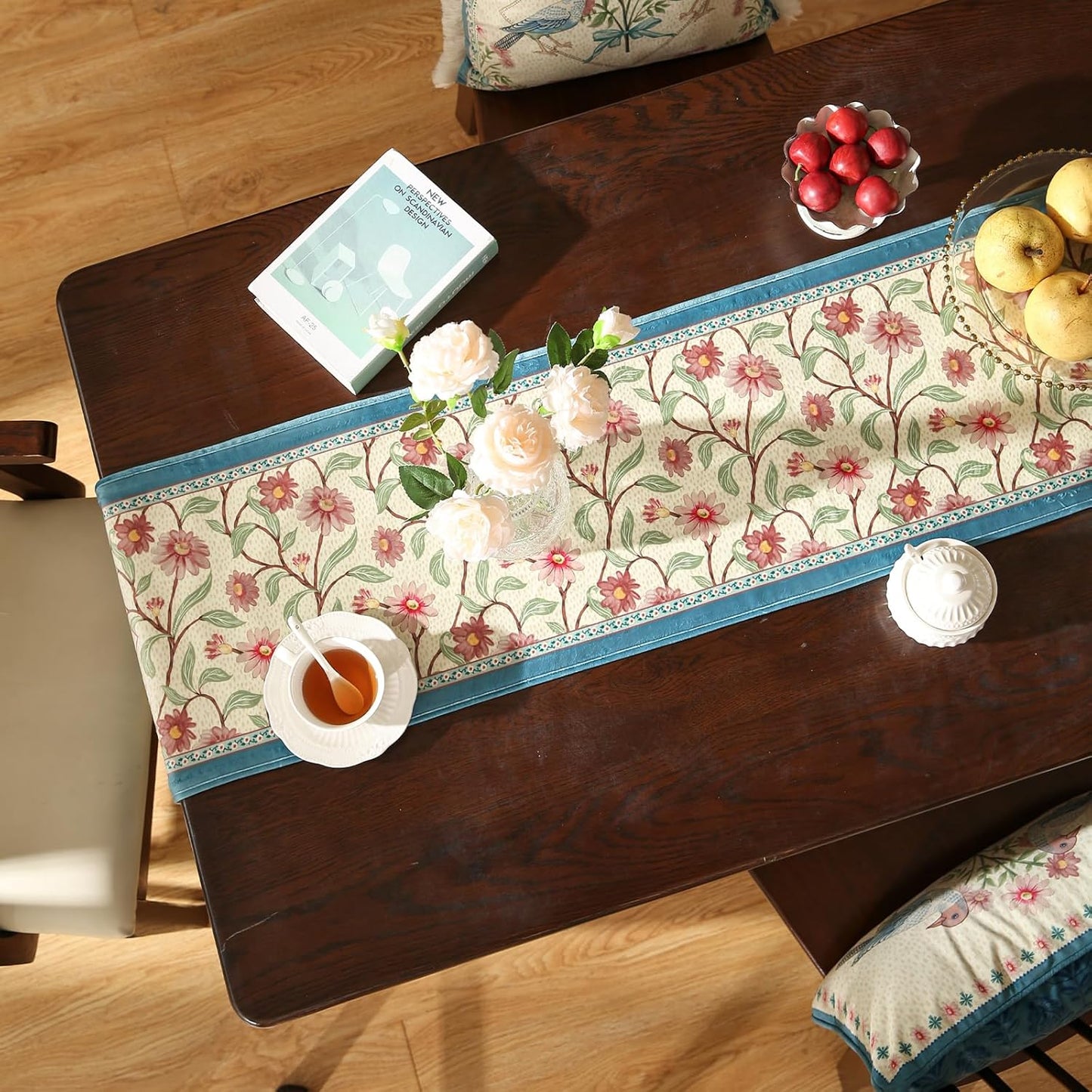 patdrea Designer French Elegant Wild Flowers Velvet Table Runner 118 Inch Long, Beige Pink Floral Table Mat, Decoration for Kitchen Dining Coffee Table Cabinet Banquet Thanksgiving,16"*118"