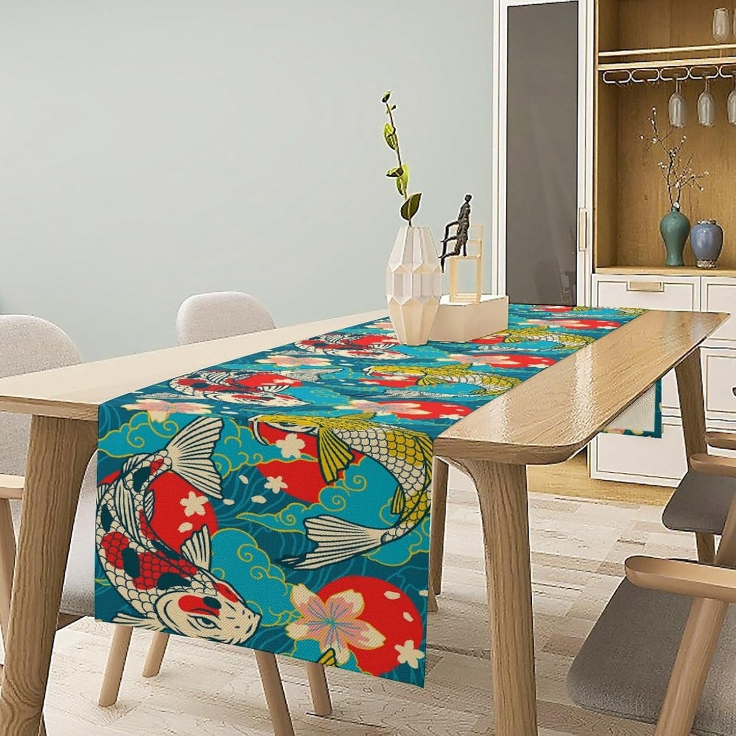 Japanese Kio Fish Table Runner Oriental Tradition Cherry Art Printed Burlap Runner Home Kitchen Dining Table Living Room Decor Fabric 1 Panel W13xL60in