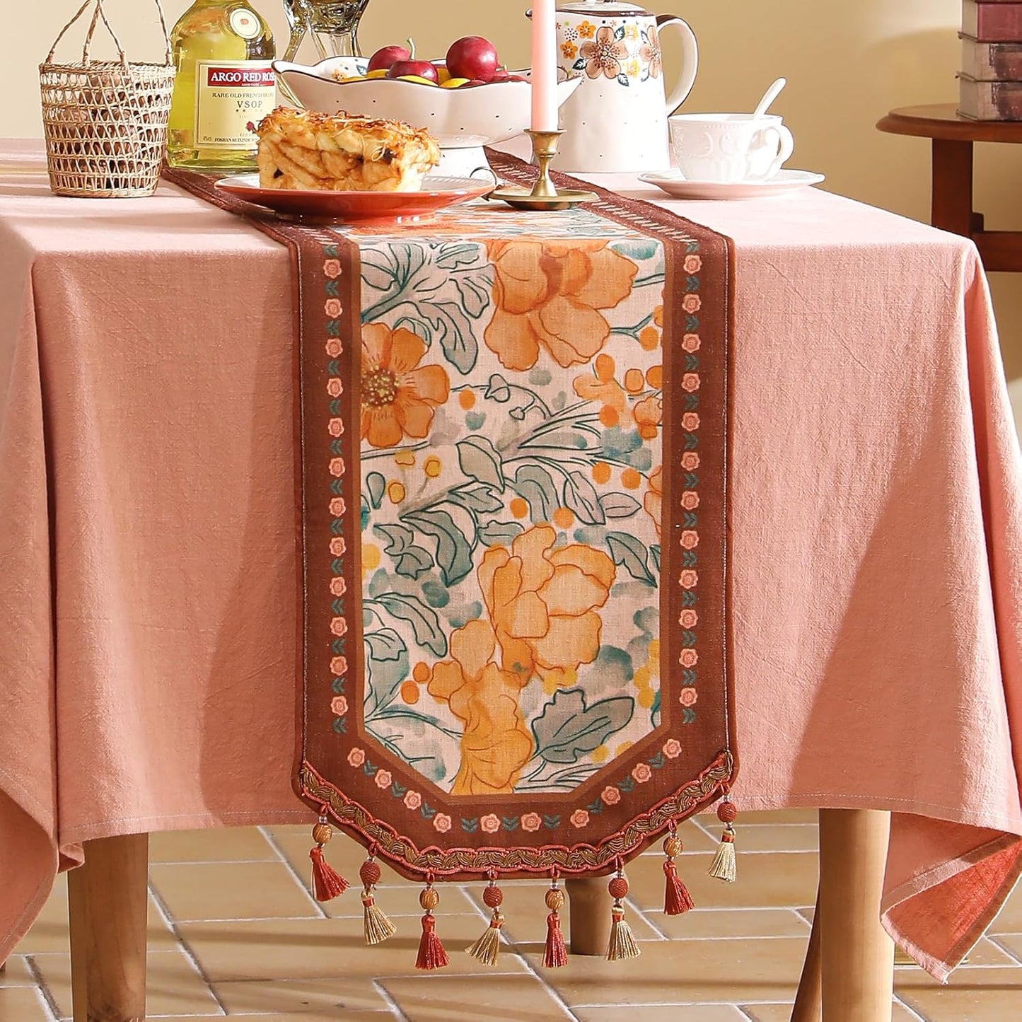 Designer Vintage Orange Floral Small Table Runner,French Farmhouse Soft Linen Coffee Table Runners 63 Inches Long,Decor Tabletop for Kitchen,Dining,Party,Home,Christmas,12"*63"