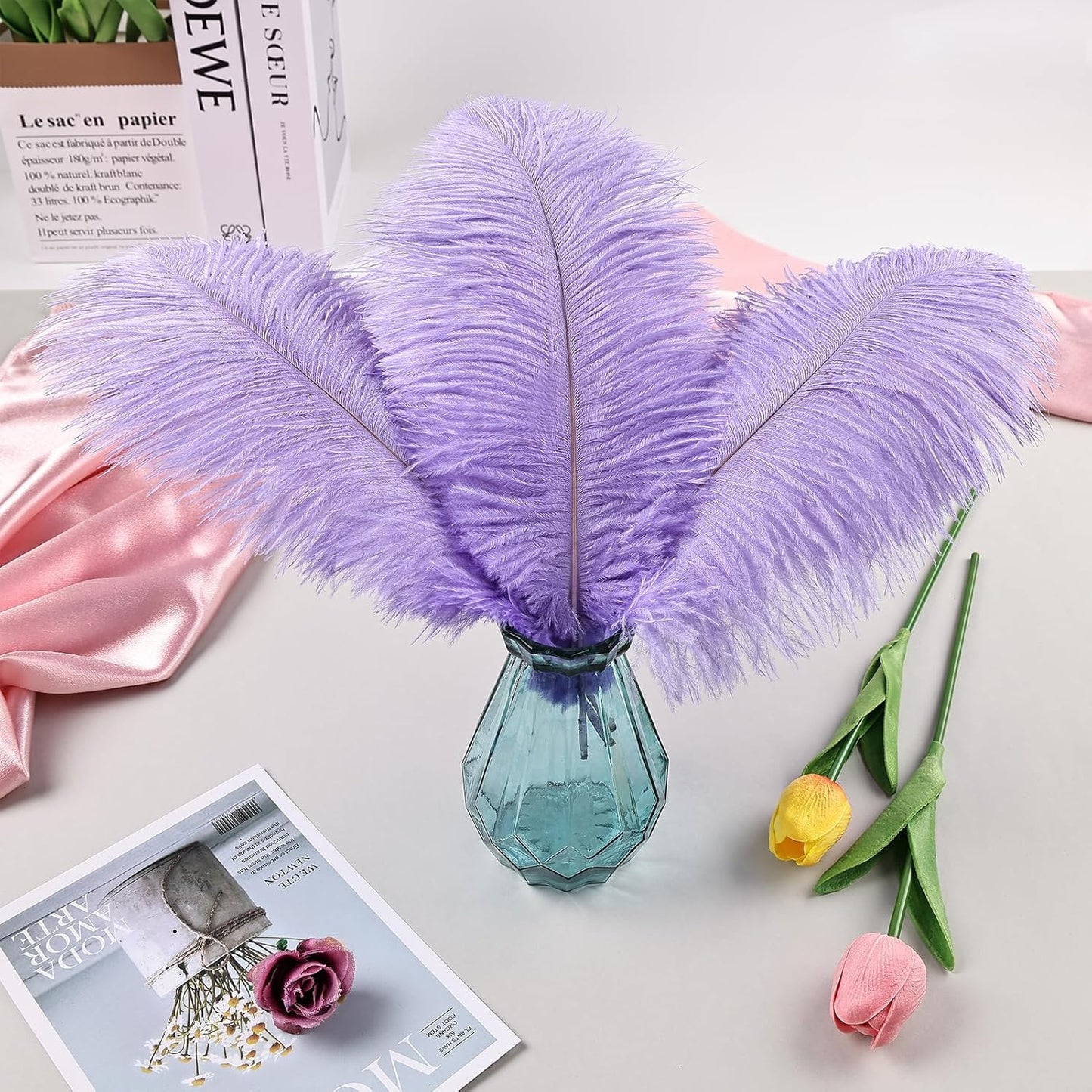 THARAHT Lavender Ostrich Feathers 24pcs Natural Bulk 8-10Inch 20cm-25cm for Crafts Wedding Party Centerpieces Flower Arrangement Easter Gatsbi and Home Decoration Feather