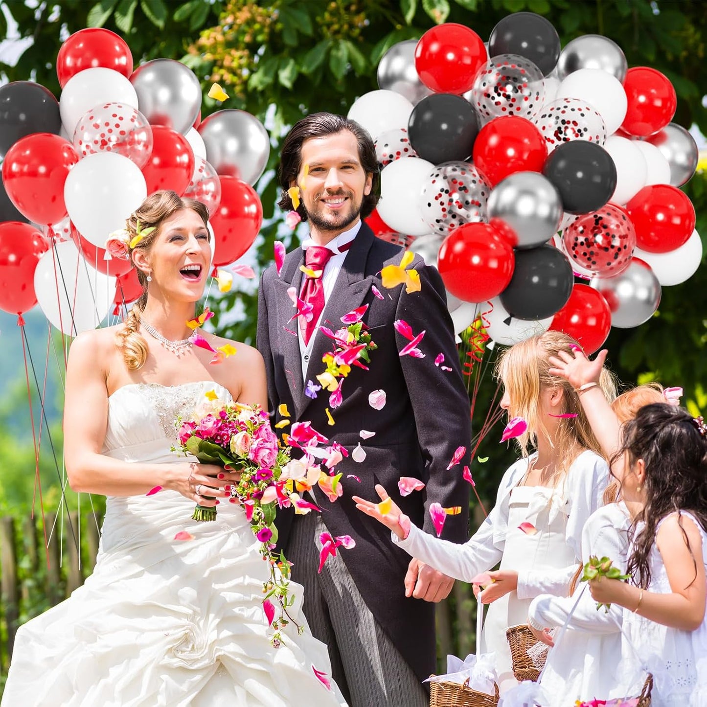 100pcs Red Black White Balloons Kit - 12 Inch Metallic Silver Confetti Latex Balloons for Christmas, Spider-Man Birthday, Masquerade Ball, Graduation, Halloween (66ft Ribbons)