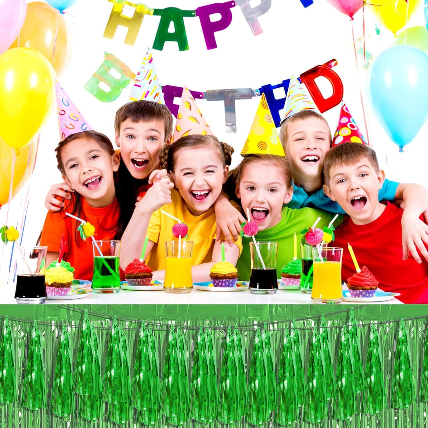 8P Green Foil Fringe Metallic Tassel Streamers Banner Tassel Garland for Parade Floats, Bachelorette, Wedding, Birthday, Halloween, Christmas, Bridal/Baby Shower Party Decorations