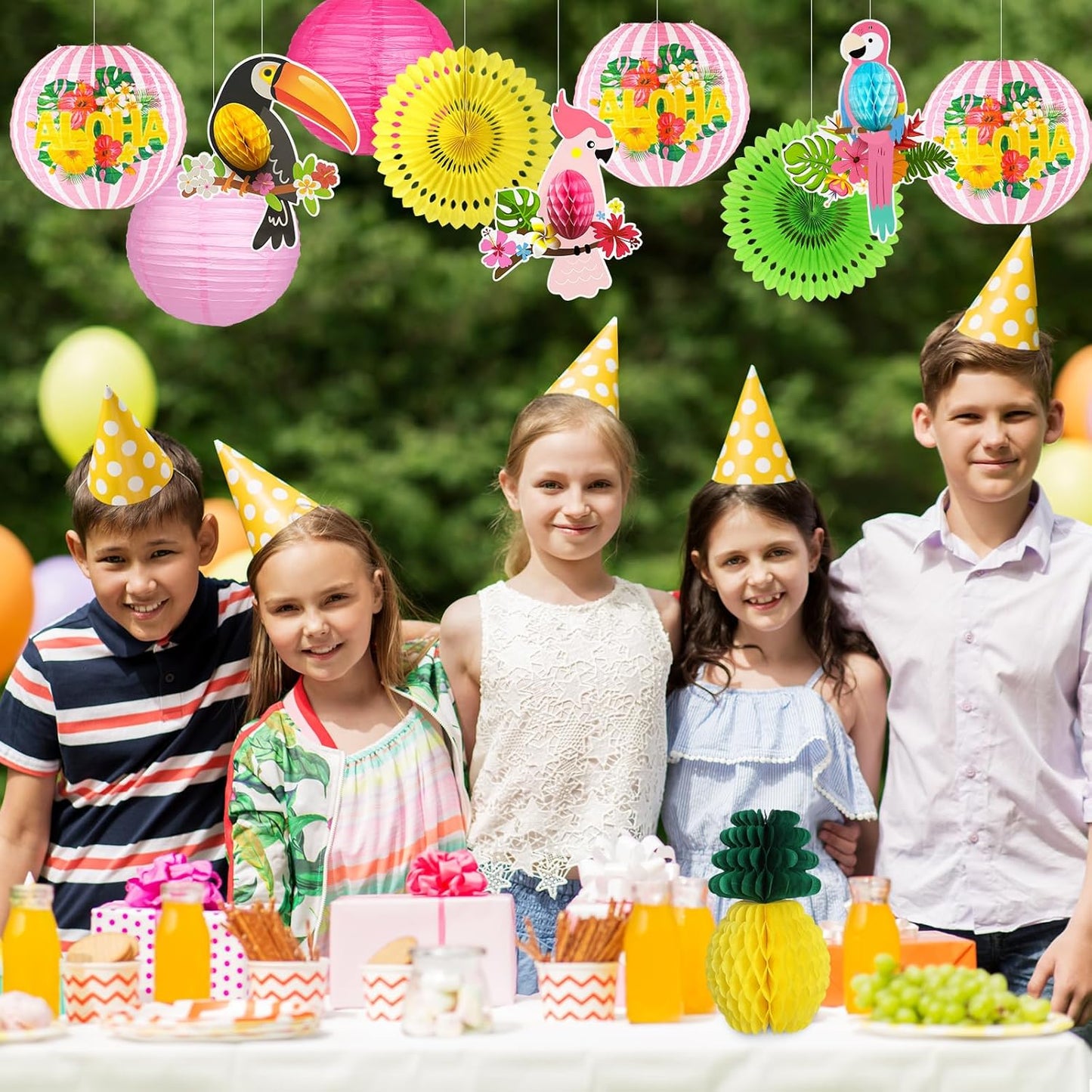 Luau Party Decorations, Aloha Paper Lanterns Tropical Parrot Birds Tissue Paper Fans Pineapple Honeycomb Decorations for Beach Pool Flamingo Moana Birthday Party Supplies
