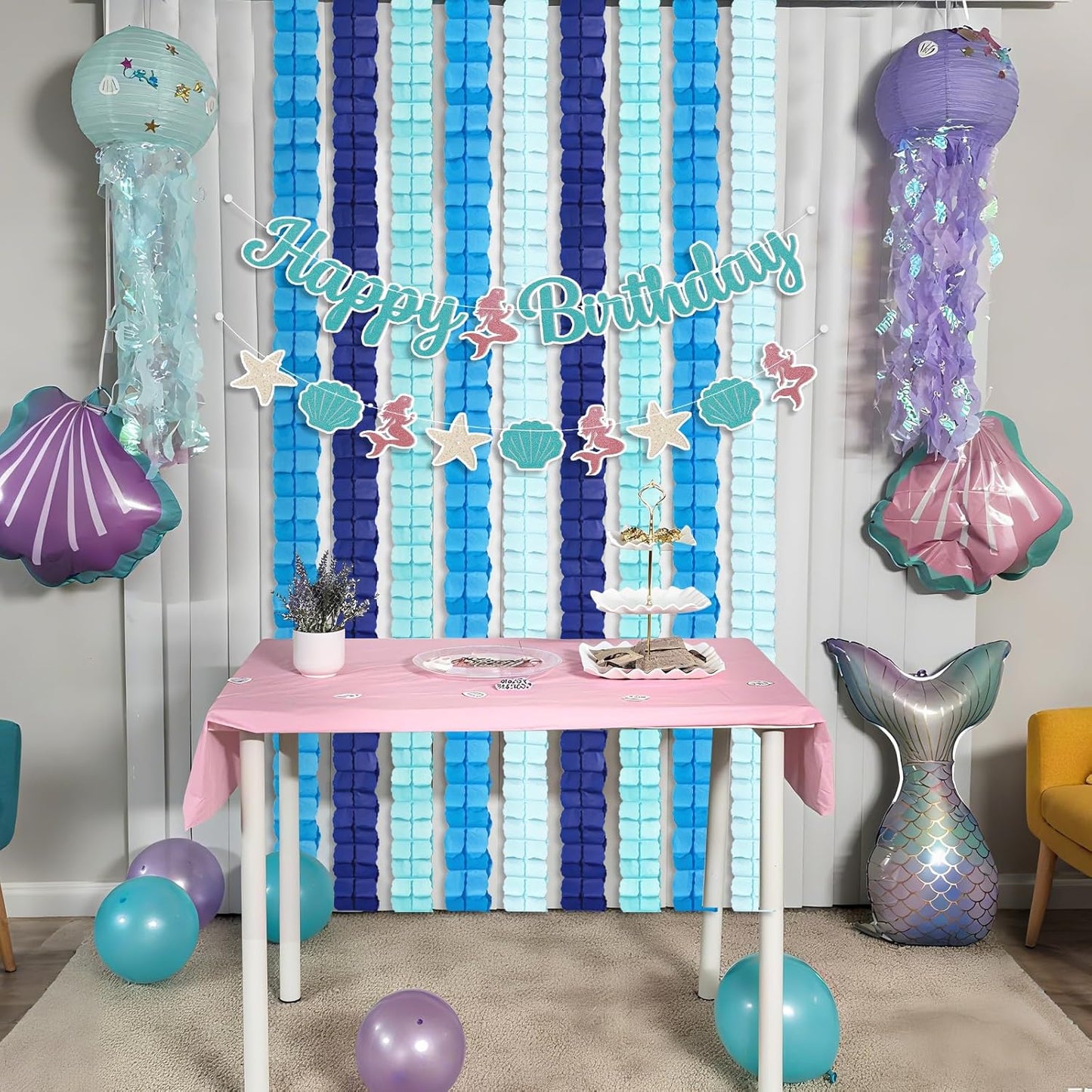 12Pcs Blue Party Decorations, Hanging Blue Streamers Garland for Women Boys Men Birthday Baby Shower Wedding Graduation Underwater Themed Party Backdrop Decor