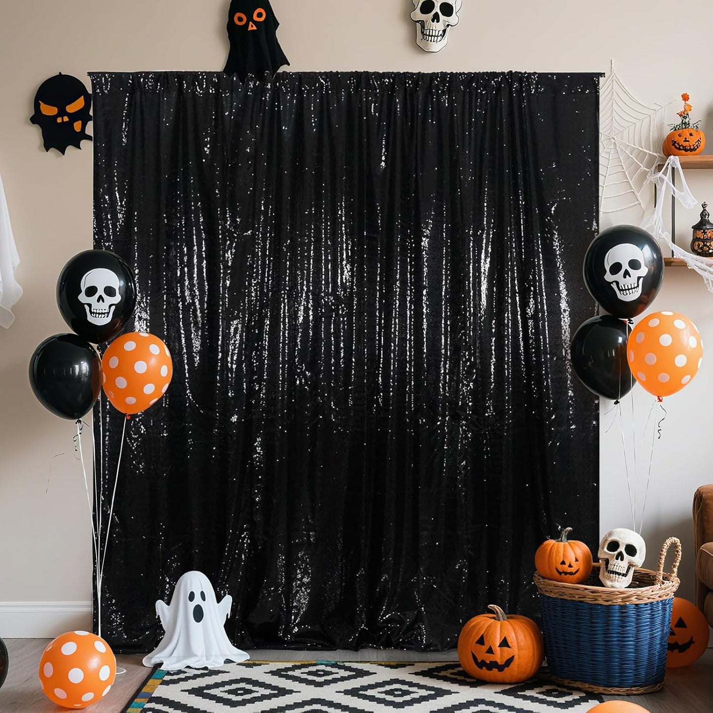 Poise3EHome 8Ft x 8Ft Black Sequin Backdrop, Glitter Thick Satin Background Drapes, Sparkly Opaque Photography Curtain, Sequence Xmas Thanksgiving Backdrop for Wedding Party Holiday Festival Decor