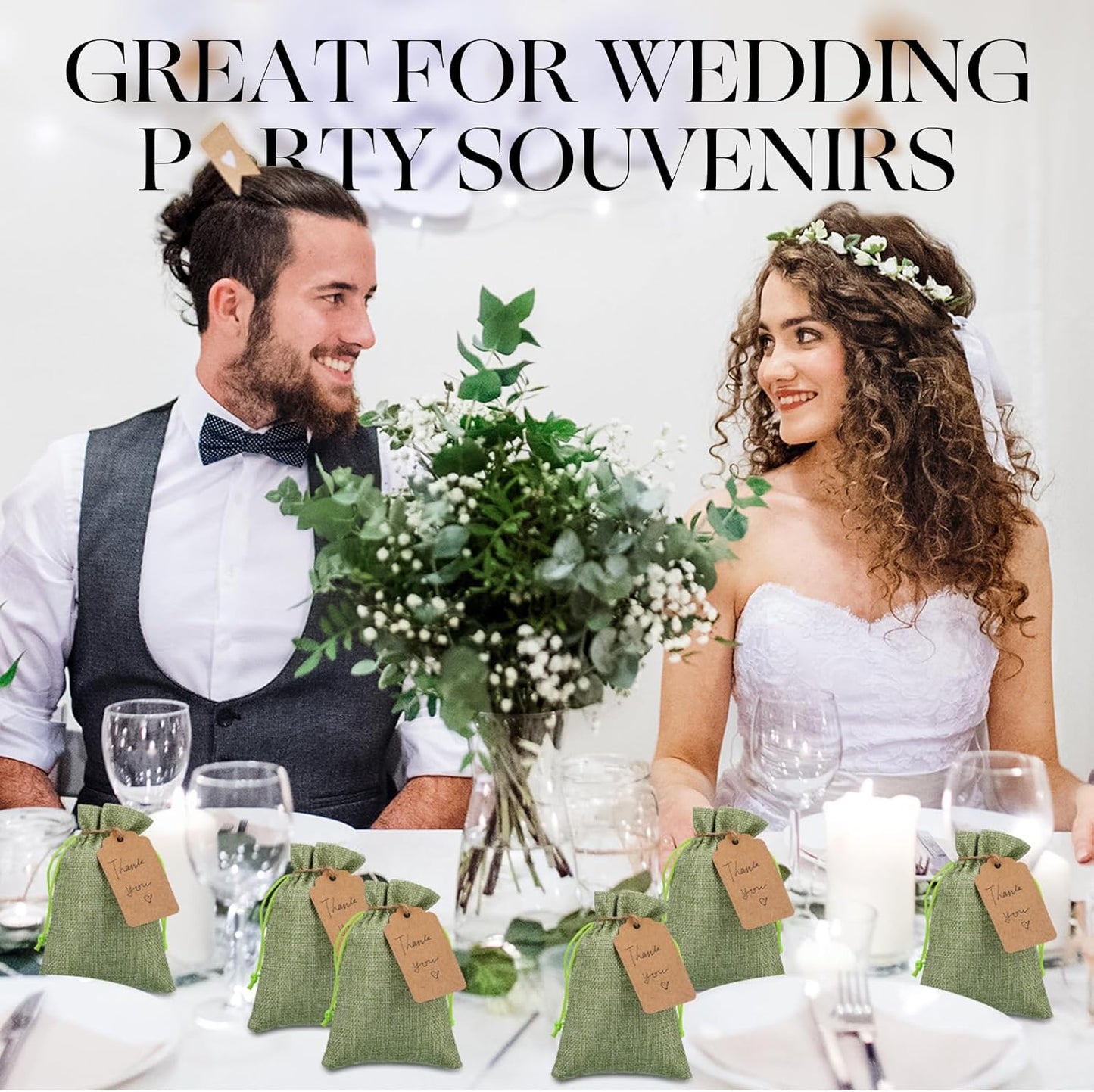 Woanger 100 Pcs Burlap Gift Bags with 100 Pcs Kraft Paper Gift Tags with Drawstring Favor Bulk Burlap Sack Bags for DIY Wedding Party Craft(4 x 6 Inch,Sage Green)