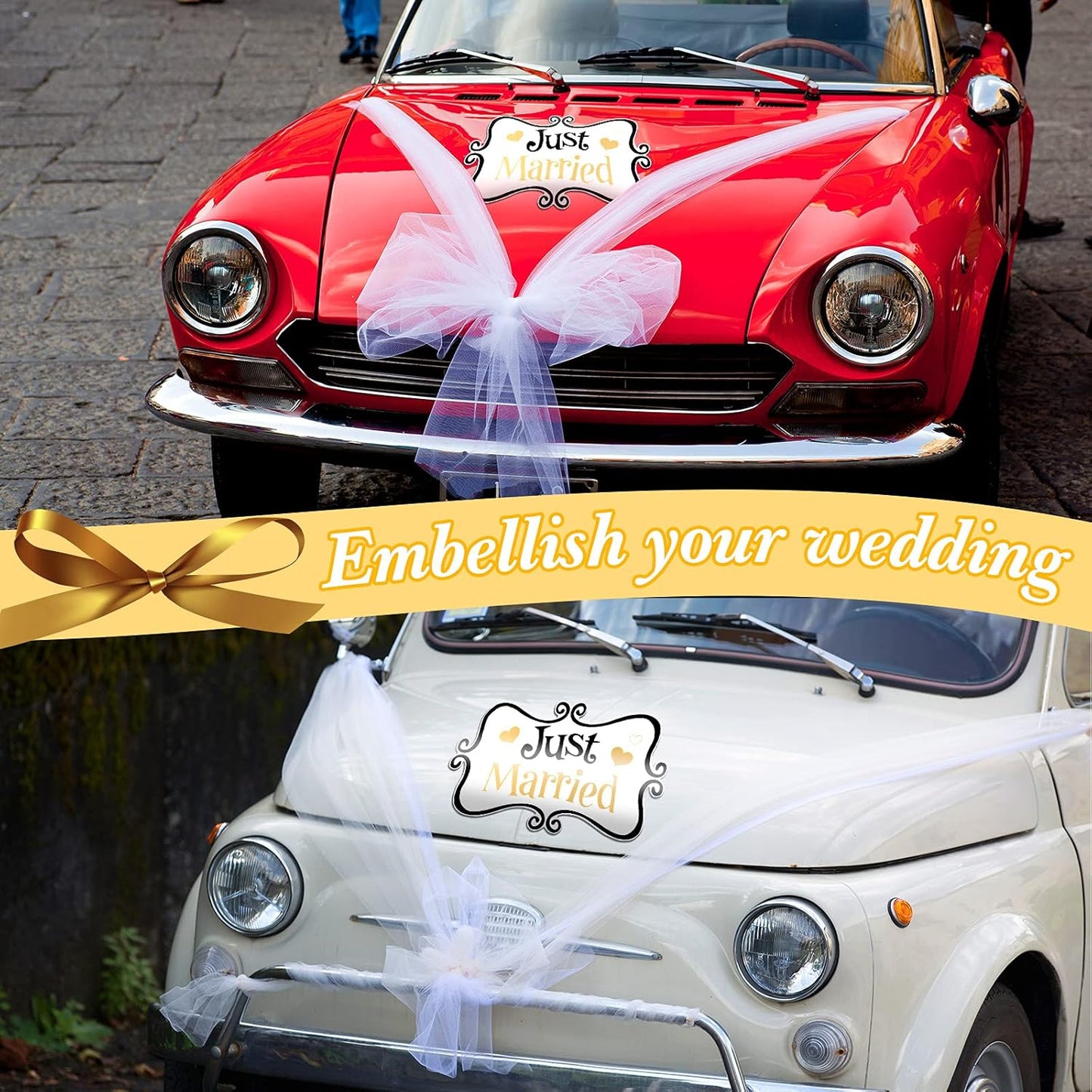 2 Pcs Large Just Married Car Decorations Just Married Car Magnets Sign Decoration 13.9 x 8.8 Inch Honeymoon Rear Tailgate Magnet Stickers for Wedding Door Panel Refrigerator(Black and Gold)