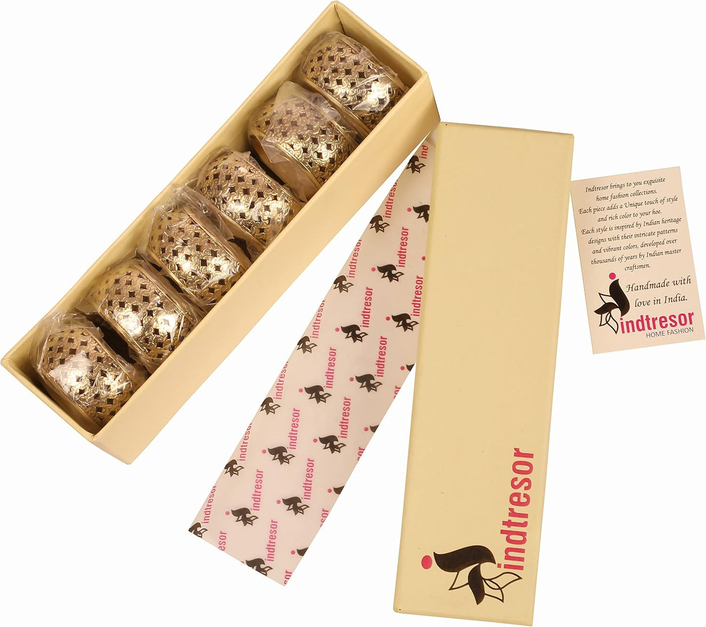 Brass Base Handcrafted Beautiful Hand Cut Mesh Work Large Size Party Dining Table Napkin Holders in Gold Tone. (Set of 6).