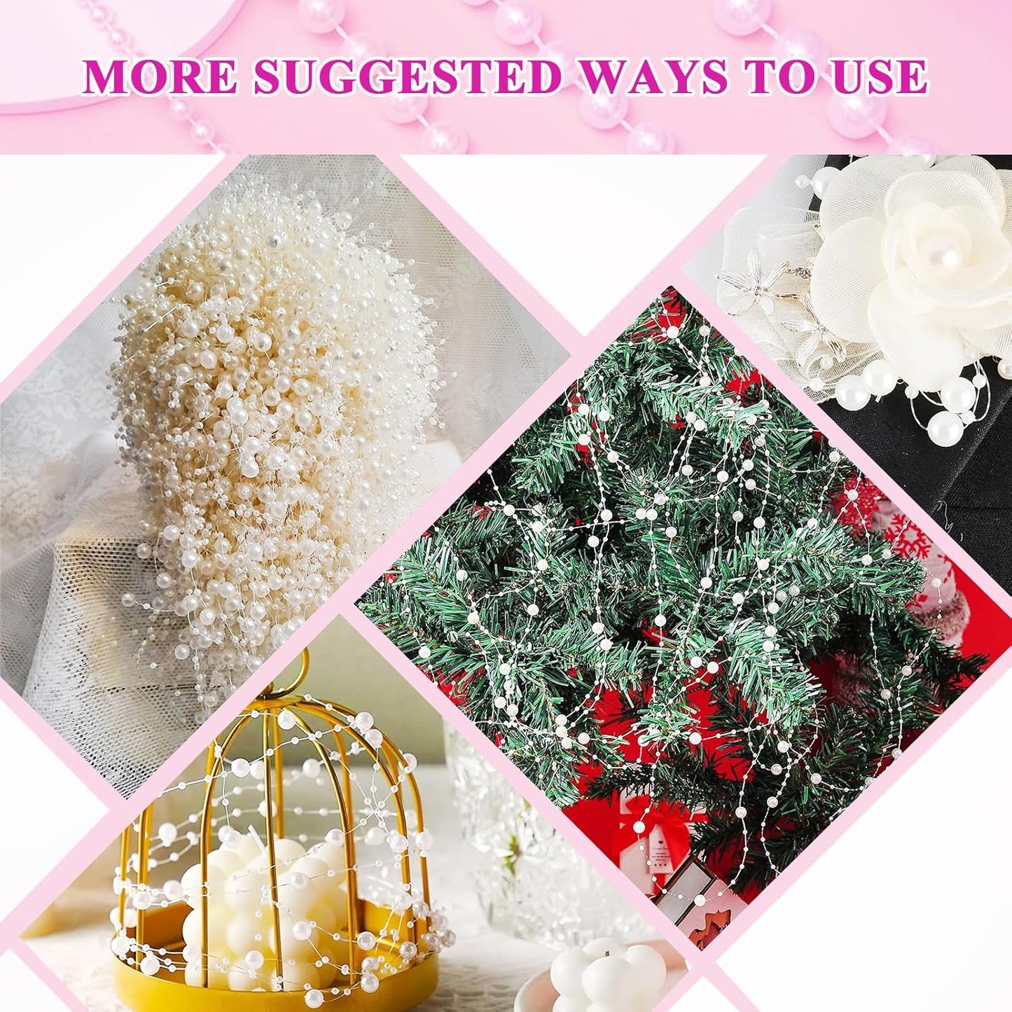 99 Feet Fishing Line Artifical Pearl Strings for Crafting, Faux Pearl Garland Strands for Floating Candle Vases Filler Wedding Centerpiece Bouquet Christmas Tree Party Decoration, White