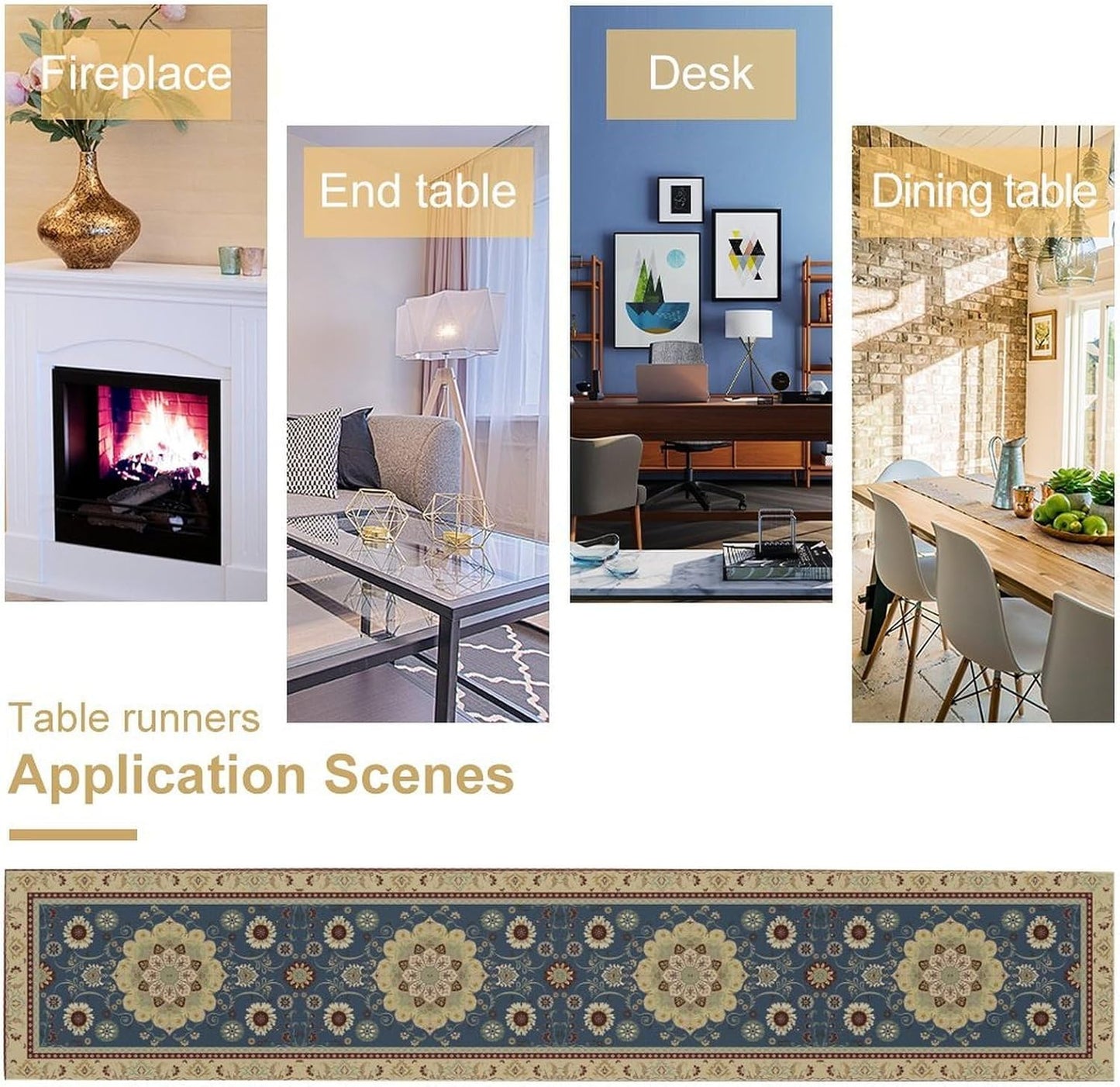 Vintage Boho Floral Table Runner, Elegant Rustic Country Farmhouse Blue Yellow Retro Flower Pattern for Home Kitchen Table Decor Dining Coffee Room Party Decor 13x108in