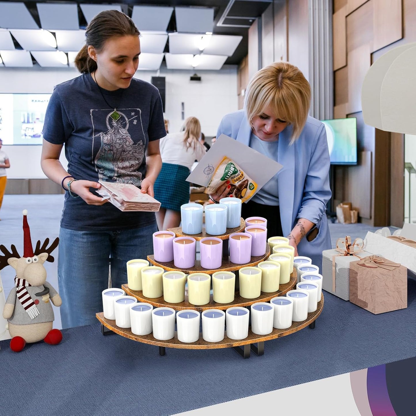 ELITEROO Cupcake Tier Stand, Wooden Cup Cake Stand Stairs, 4 Tier Dessert Table Display Set for Cookie Cocktail Candy Donut, Display Riser for Vendors Craft Show, Rustic Brown Curved Corner
