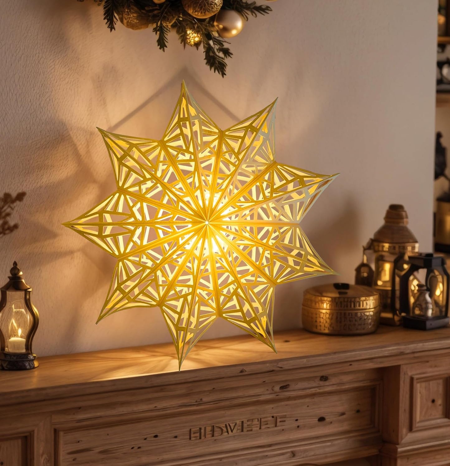 10 Pcs Christmas Paper Snowflake Lanterns, Large Christmas Paper Star Lanterns with LED Lights White Hanging Snowflake Lamp Ornaments for Xmas Winter Frozen Weddings Birthday Holiday Party Decorations