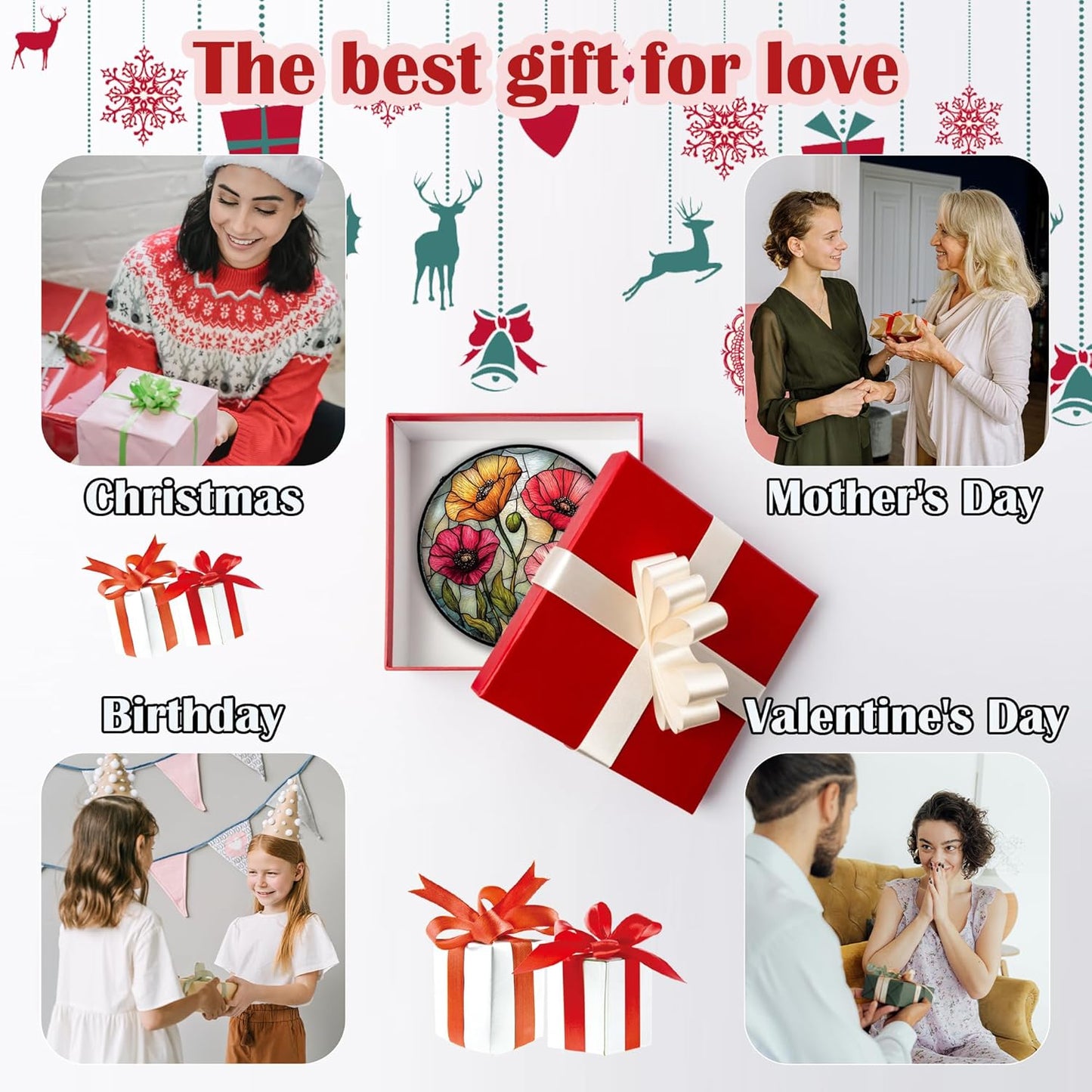 Stained Glass Window Hanging, Red Orange Poppy Birth Flowers Sun Catcher for Door Garden Yard Decor Wildflowers Suncatcher Christmas Mother Birthday Gifts for Women Men Mom Nana 15 in