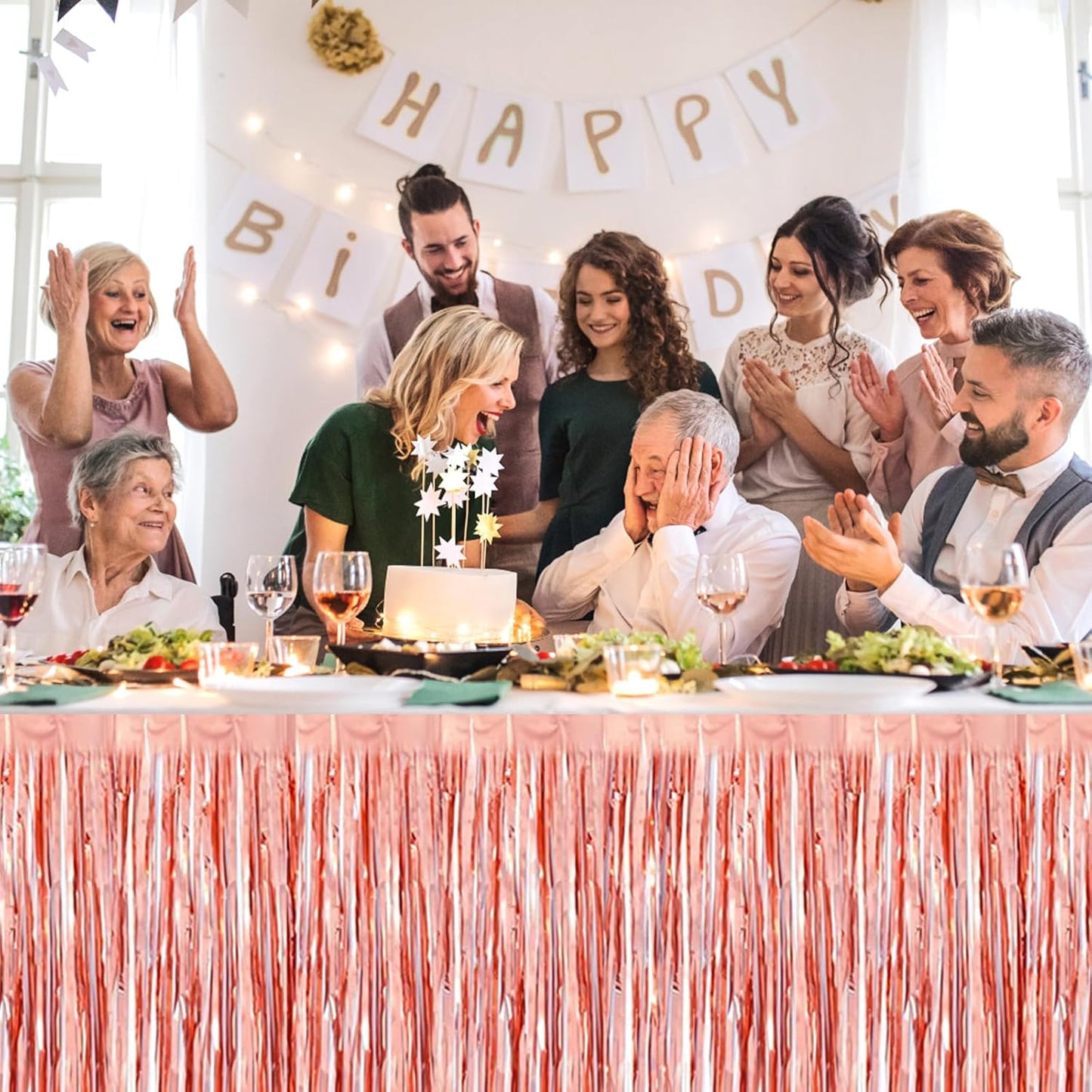 3 Pack 29 x108 Inch Rose Gold Foil Fringe Table Skirts Metallic Banner for Tinsel Streamer Garland Backdrop for Parade Floats Wedding Thanksgiving Birthday Christmas New Year Party Decoration