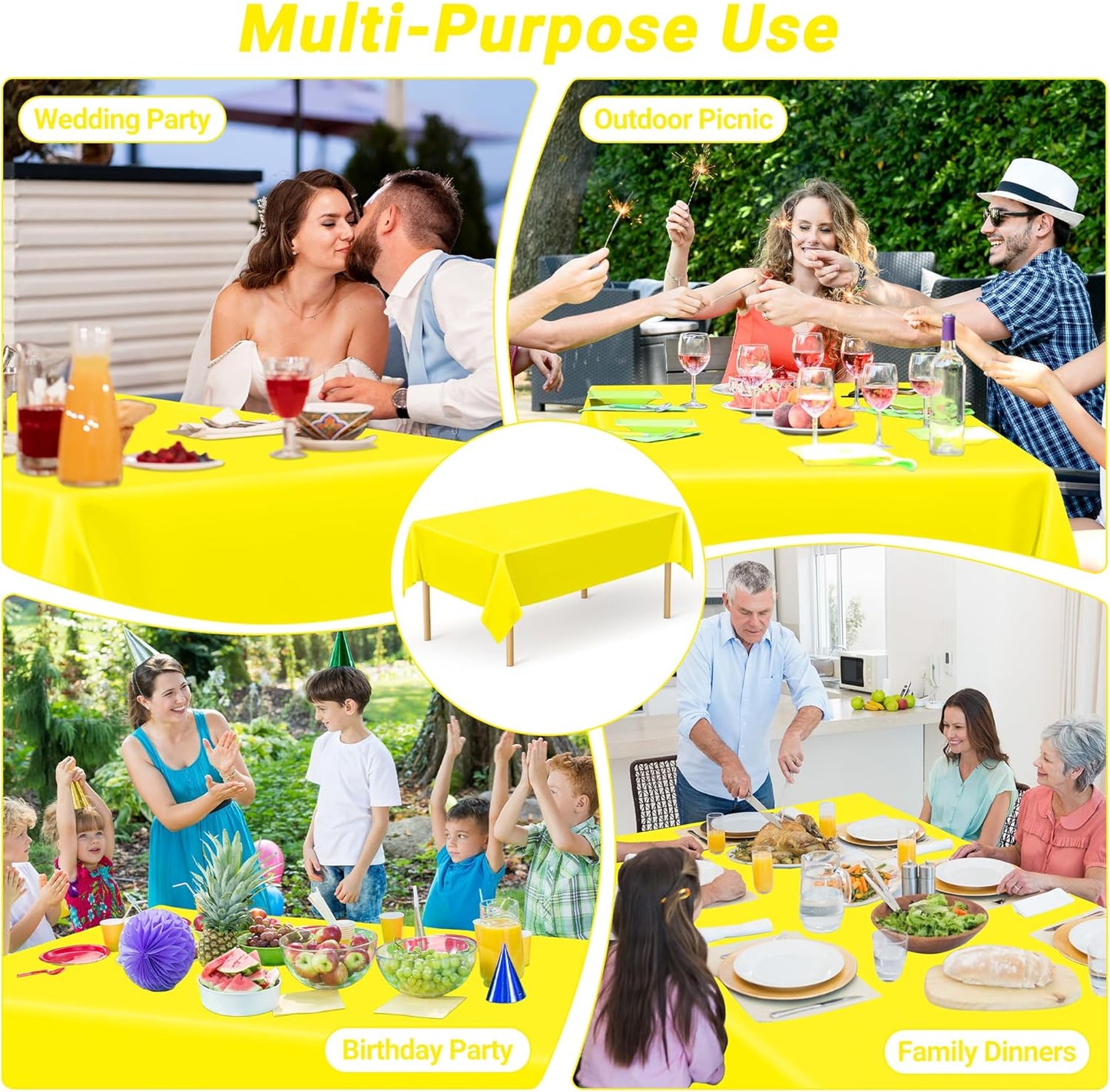 QZYL 4 PCS Rectangle Tablecloth, 54 x 108 Inches Congratulations Decorations of Picnic Table Cover, Robust Yellow Table Cloth for Restaurant Party, Plastic Table Cloth of Leakproof and Waterproof