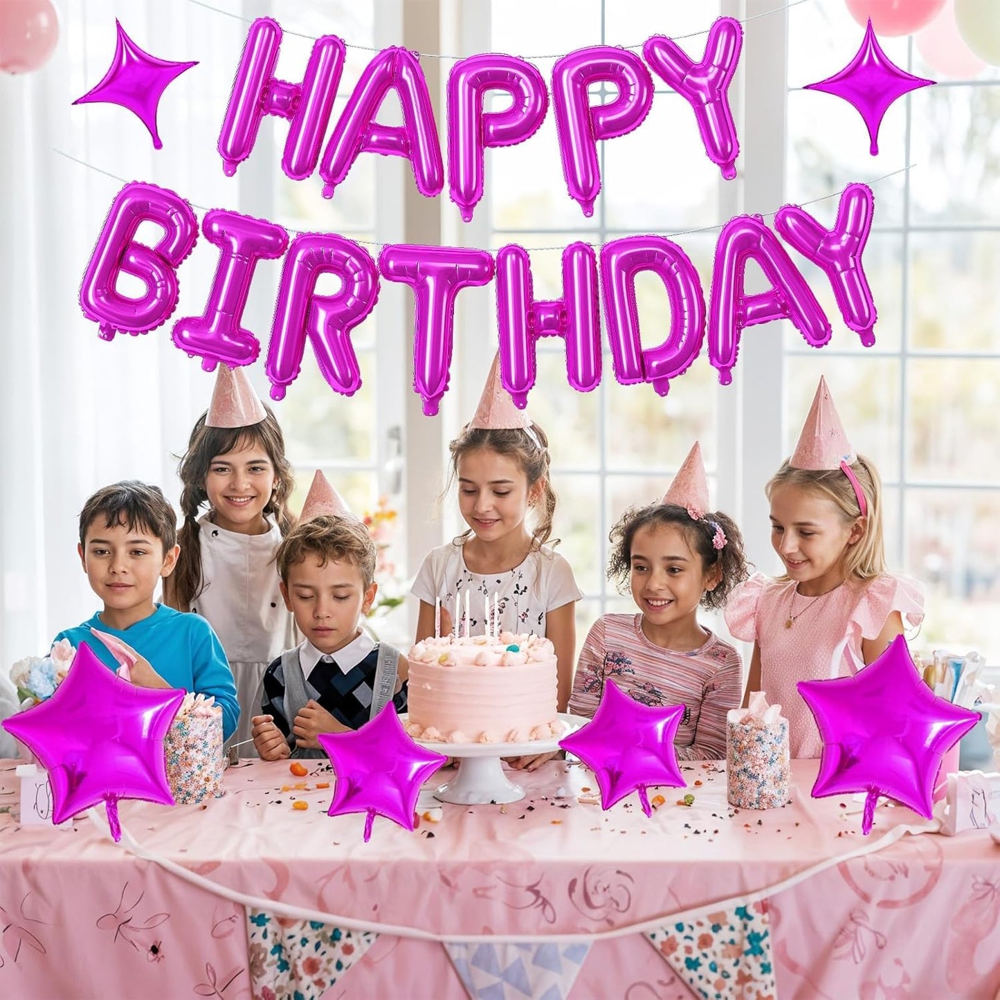 Happy Birthday Balloon Banner Hot Pink, 16 Inch Mylar Foil Letter Balloons, Reusable Birthday Decorations with Rose Red Hot Pink Star Foil Balloons, Inflatable Party Supplies for Women Girls Decor
