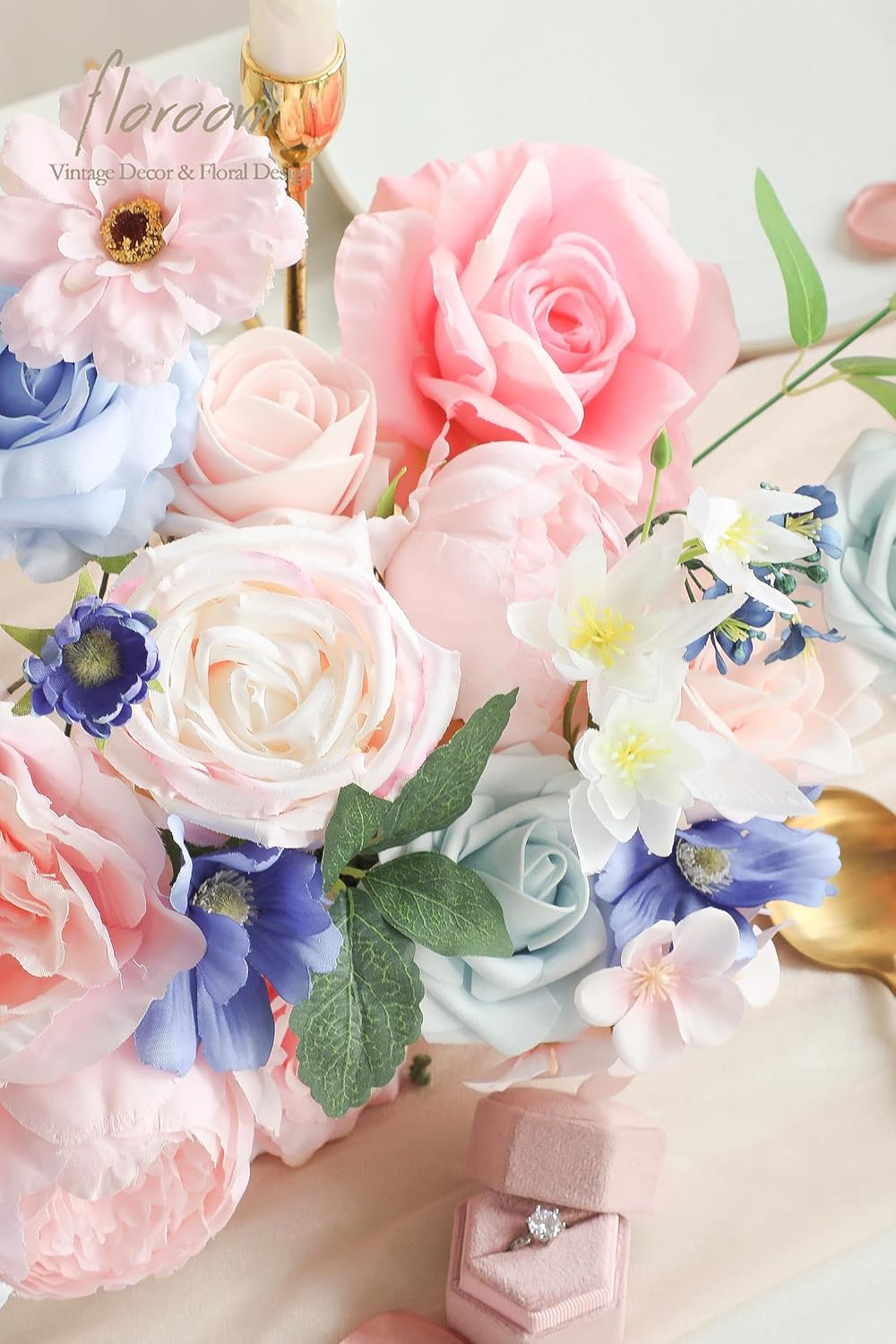 Floroom Pink Blush Blue Artificial Flowers Fake Roses Peonies and Greenery Combo Box Set for DIY Wedding Bouquets Bridal Shower Centerpieces Floral Arrangements Party Tables Home Decorations