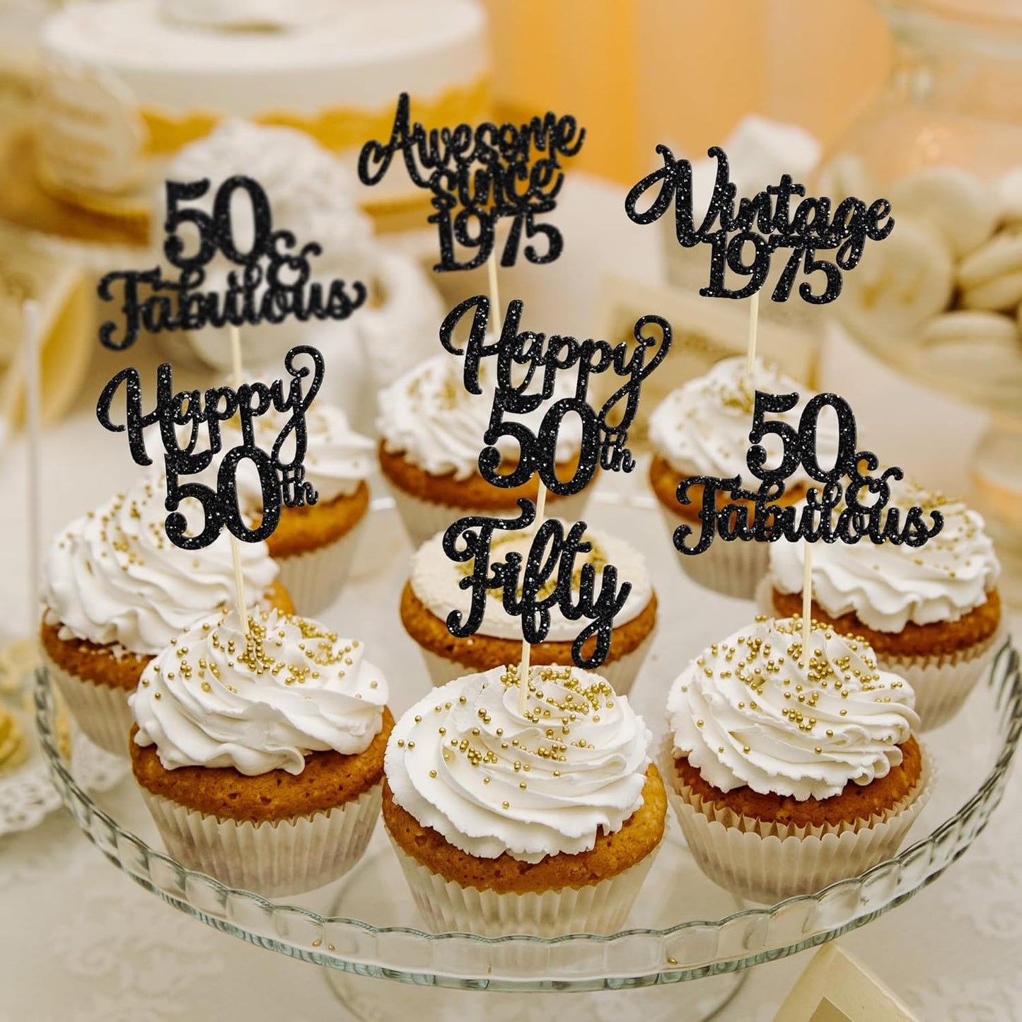 30Pcs Happy 50th Birthday Cupcake Toppers Glitter Fifty Vintage 1975 Cupcake Picks Cheers to 50 Fabulous Cake Decorations for 50th Birthday Wedding Anniversary Party Supplies Black