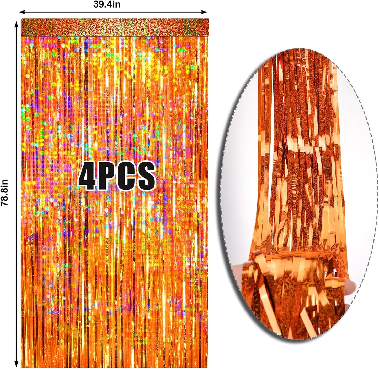 4 Packs Orange Foil Fringe Curtain, Orange Glitter Metallic Tinsel Backdrop for Birthday, Wedding, Baby Shower, Halloween, Thanksgiving, Friendsgiving, Fall Party Decorations Supplies